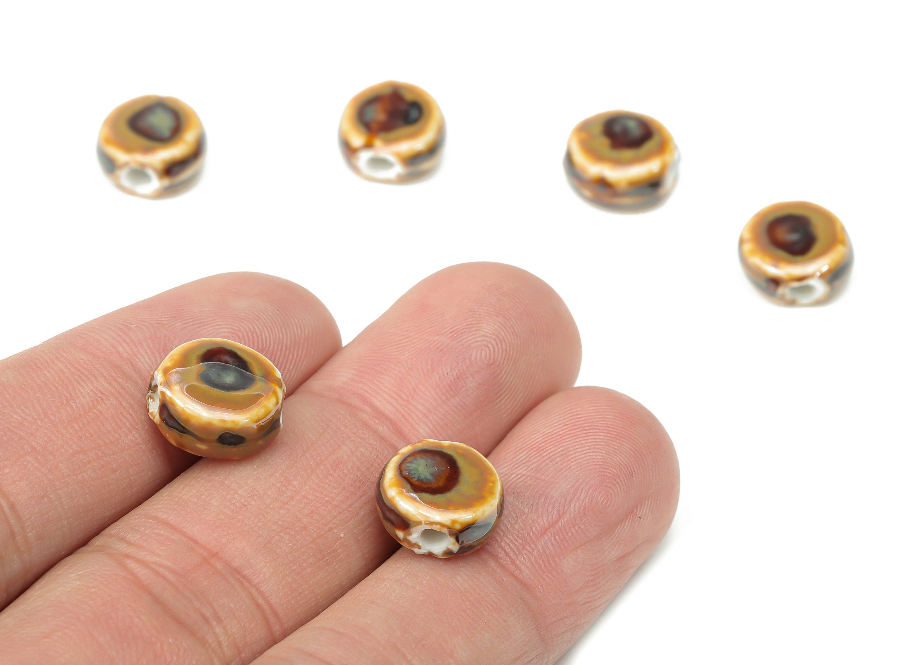 Glazed Ceramic Mini Round Beads - Carved Circle Beads - Handmade Beads - Bracelet Making Beads - Connectors Beads - 11.2x10.6x5.4mm - NS1776 - DOMEDBAZAAR