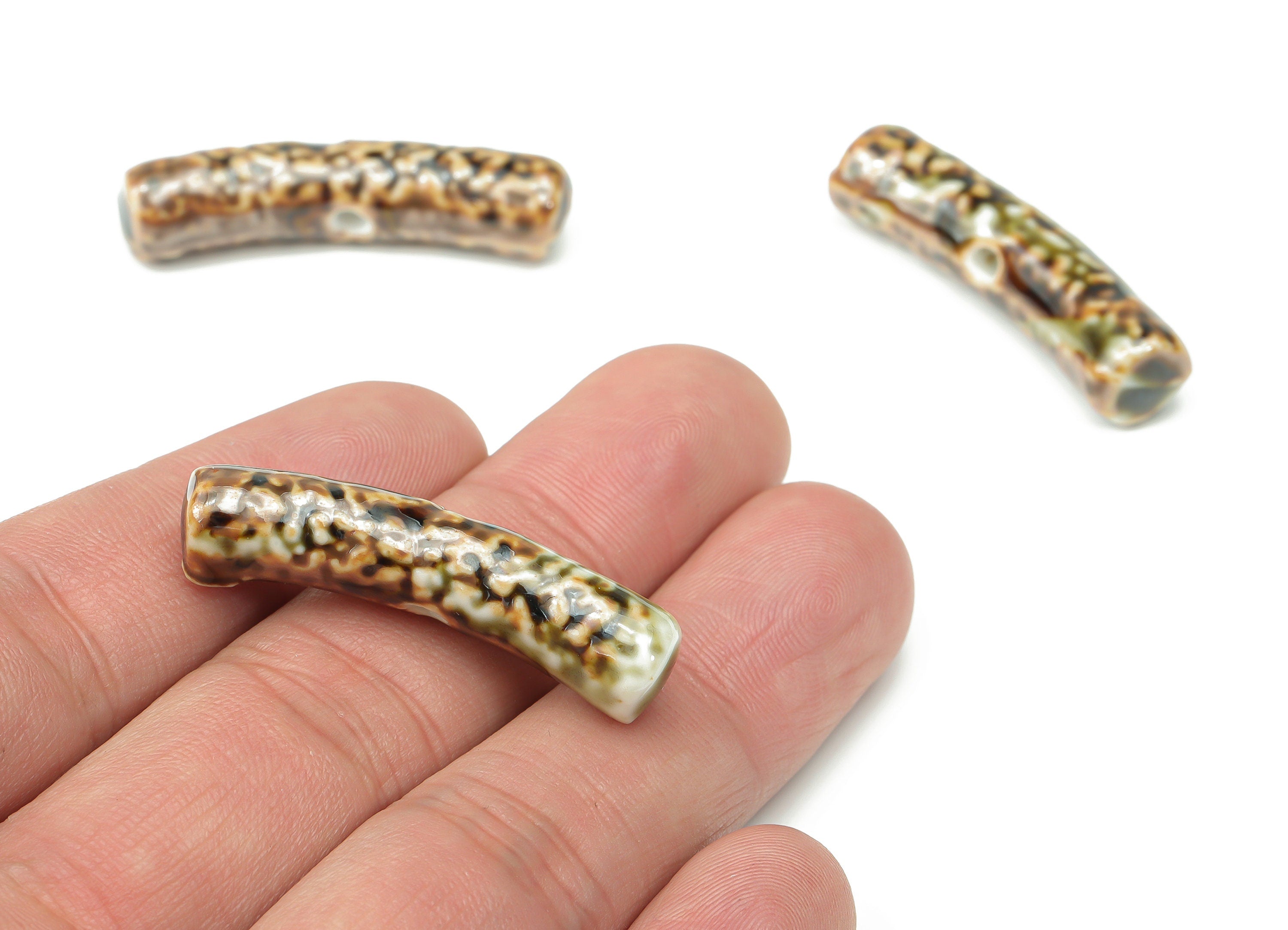 Glazed Ceramic Bone Beads - Carved Bone Beads - Handmade Beads - Bracelet Making Beads - Connectors Beads - 37.45x7.94x7.94mm - NS1784 - DOMEDBAZAAR