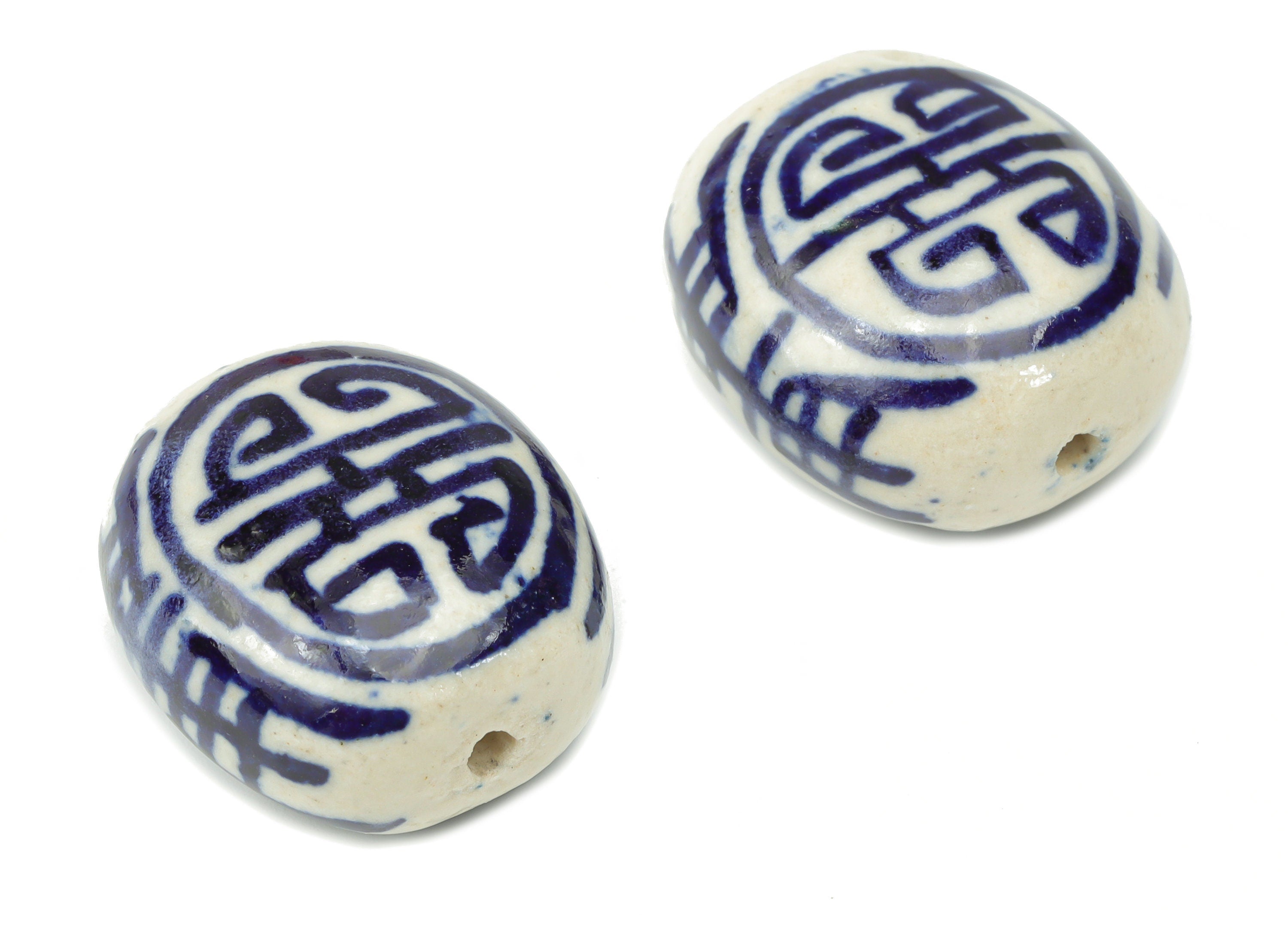 Glazed Ceramic Pattern Oval Beads - Carved Oval Beads - Handmade Beads - Bracelet Beads - Connectors Beads - 20.16x17.84x11.18mm - NS1841 - DOMEDBAZAAR
