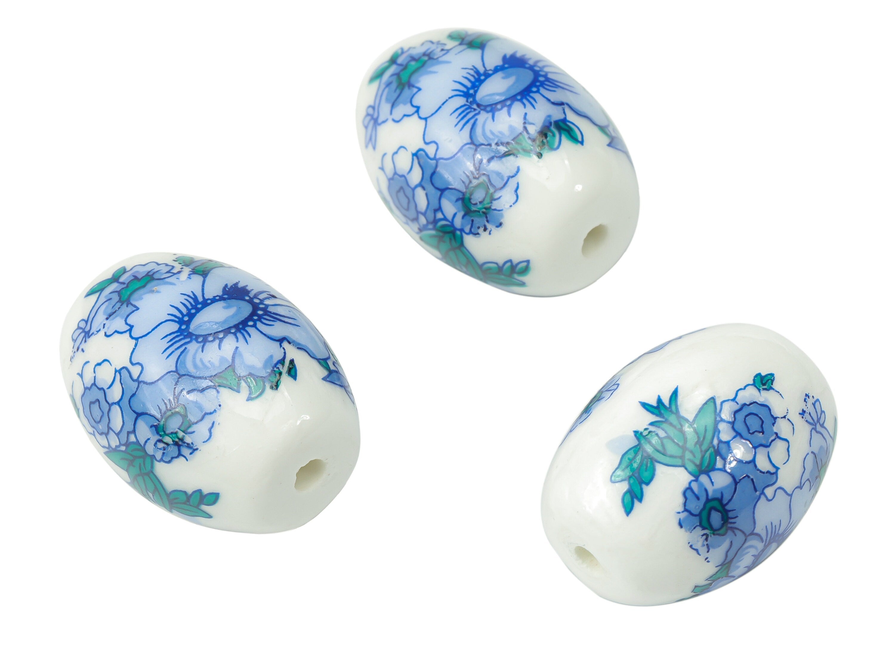 Glazed Ceramic Long Oval Beads - Carved Flowers Oval Beads - Handmade Connectors Beads - Bracelet Making Beads - 20.96x15.34x15.3mm - NS1831 - DOMEDBAZAAR