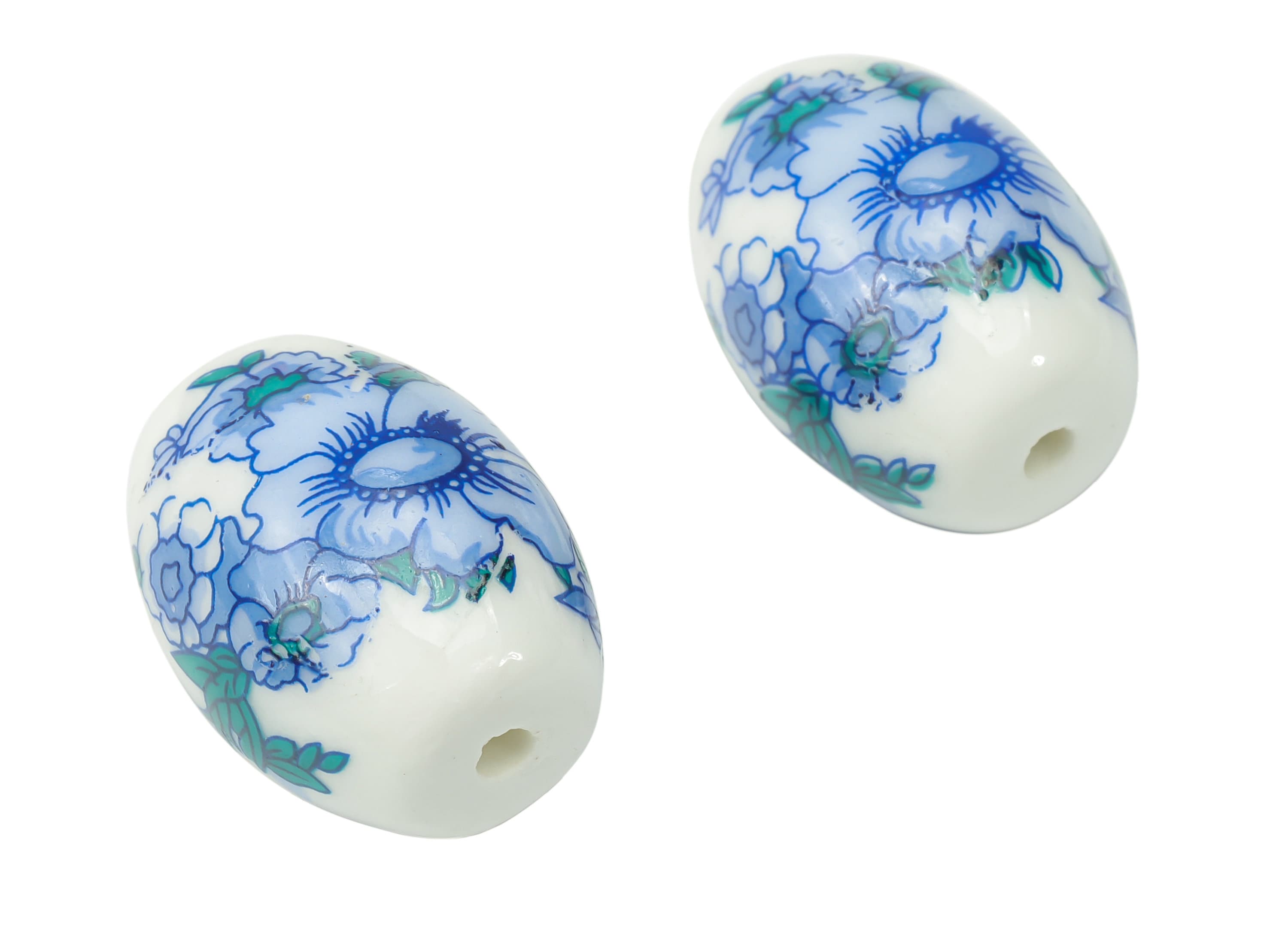 Glazed Ceramic Long Oval Beads - Carved Flowers Oval Beads - Handmade Connectors Beads - Bracelet Making Beads - 20.96x15.34x15.3mm - NS1831 - DOMEDBAZAAR