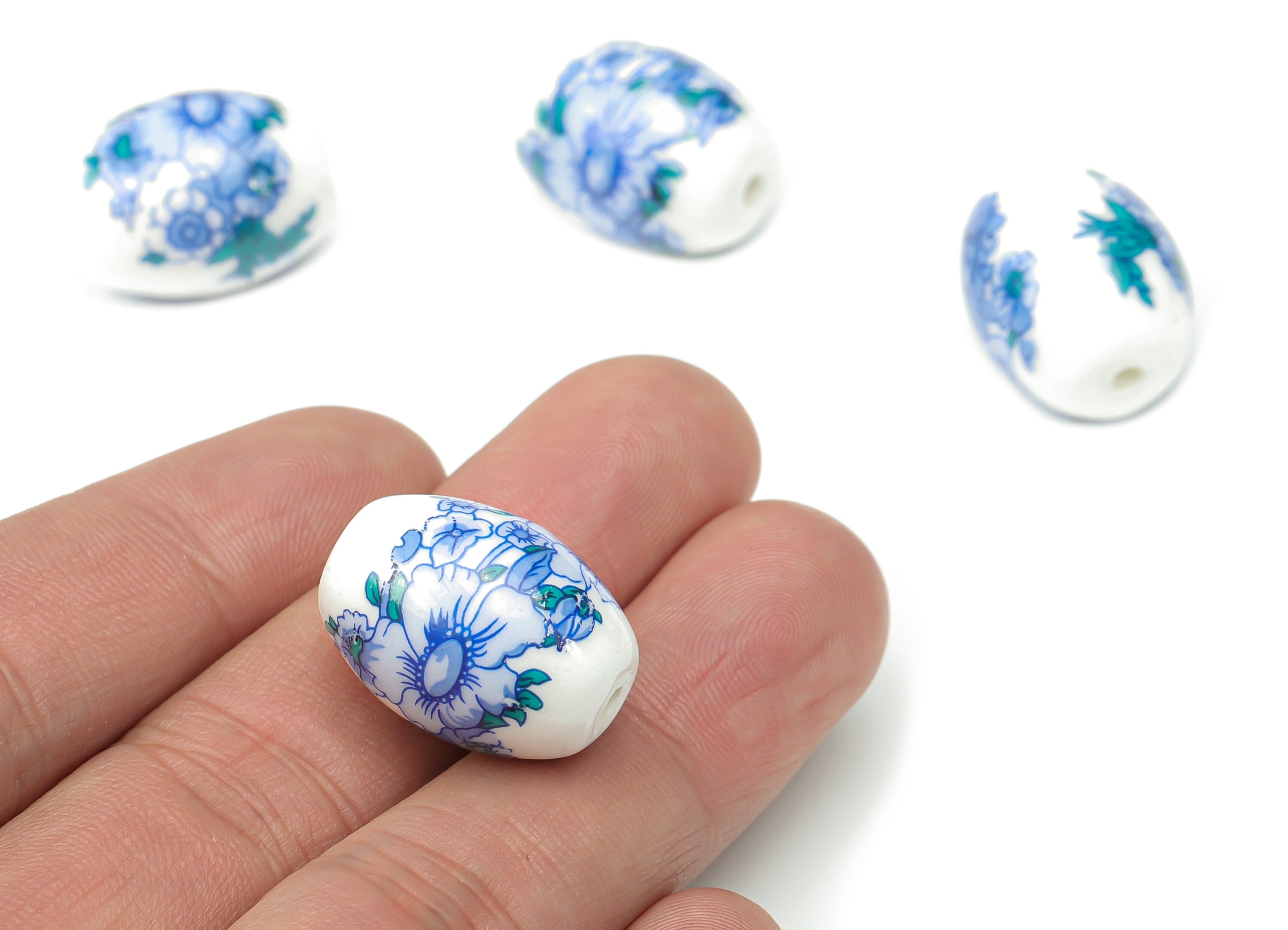 Glazed Ceramic Long Oval Beads - Carved Flowers Oval Beads - Handmade Connectors Beads - Bracelet Making Beads - 20.96x15.34x15.3mm - NS1831 - DOMEDBAZAAR