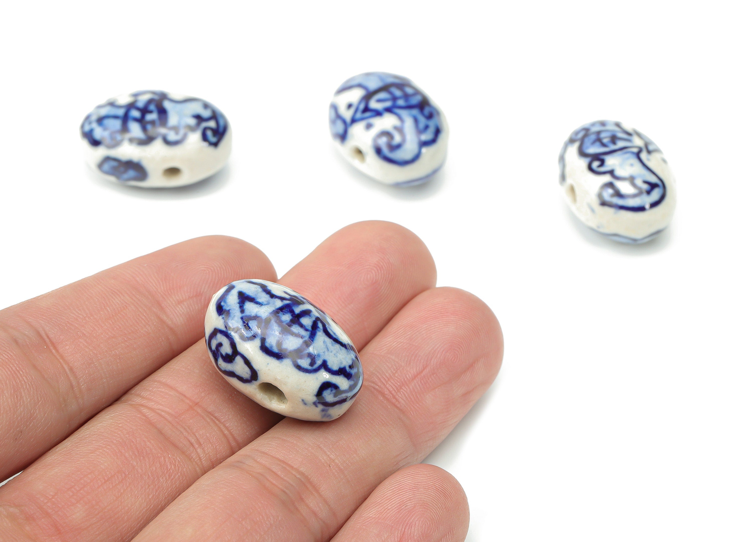 Glazed Ceramic Long Oval Beads - Carved Pattern Oval Beads - Handmade Connectors Beads - Bracelet Making Beads - 23.53x16.35x13mm - NS1830 - DOMEDBAZAAR