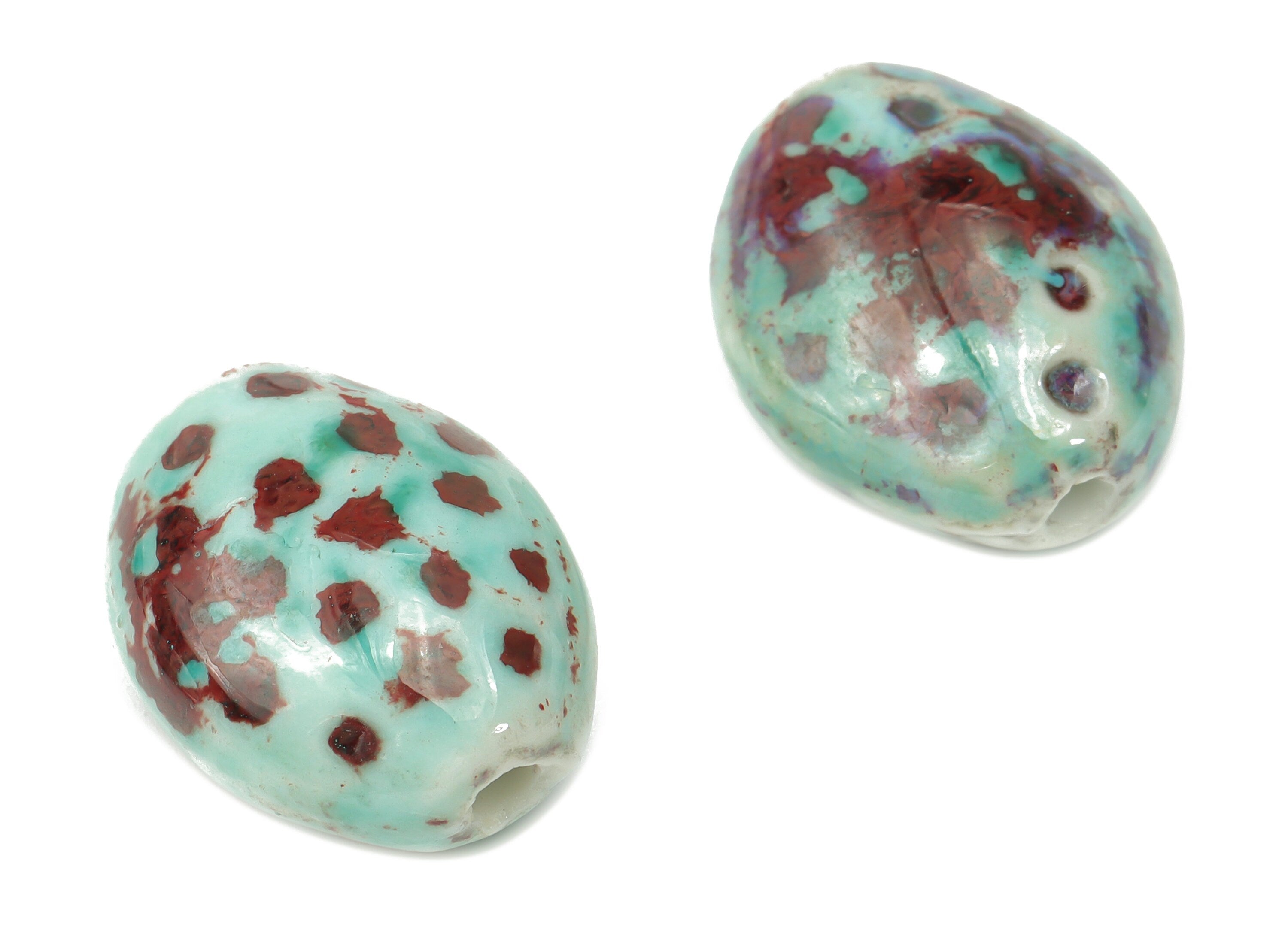 Glazed Ceramic Oval Beads - Carved Oval Beads - Handmade Beads - Bracelet Making Beads - Connectors Beads - 19.42x15.76x10.2mm - NS1788 - DOMEDBAZAAR