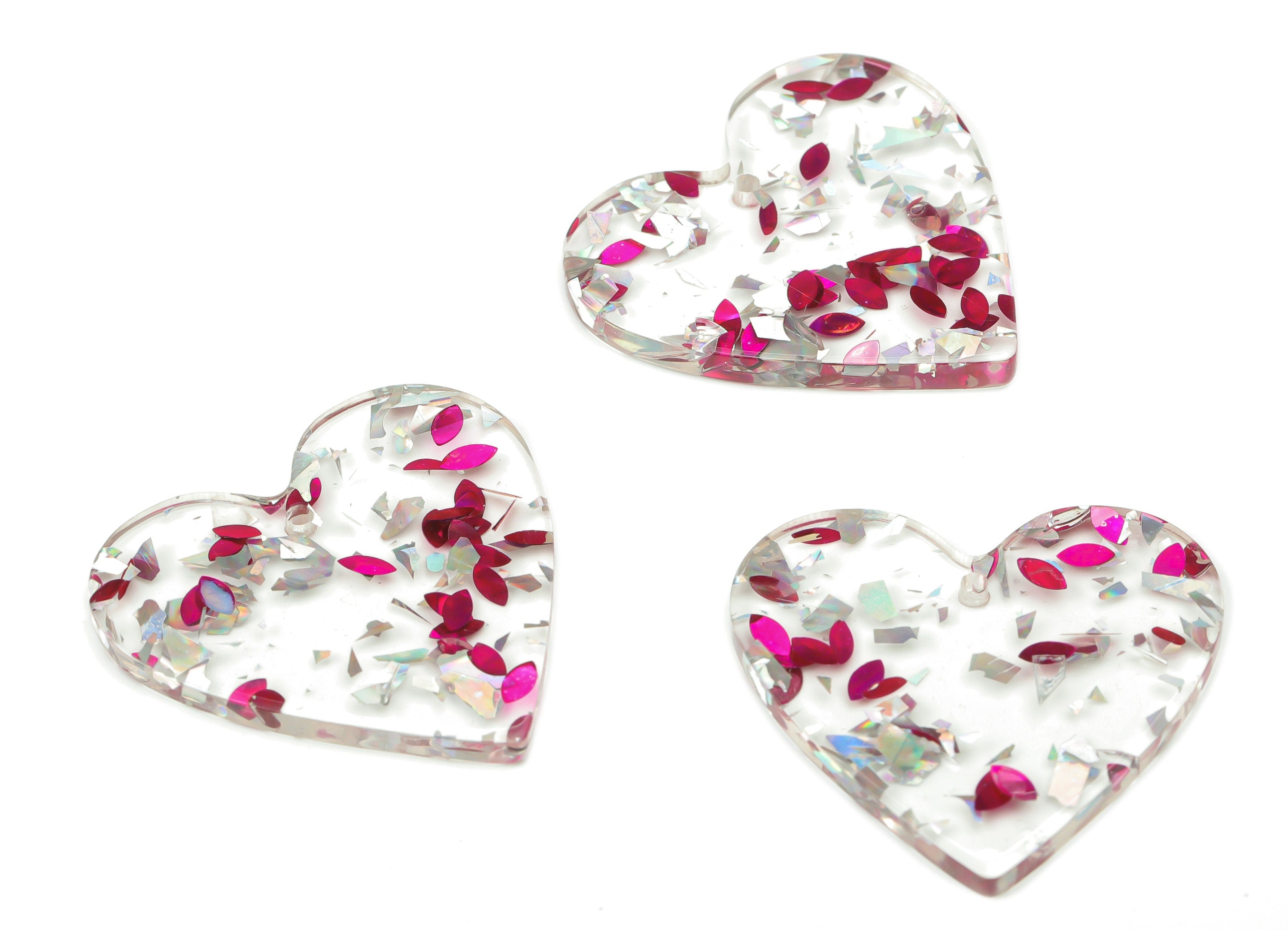 Clear Acrylic Heart Earring Charms - Acrylic Heart Pendant - Silver Pink Foil and Confetti - Color Code: A438 - 31.9x31.2x2.6mm- AC1431-A438 - DOMEDBAZAAR