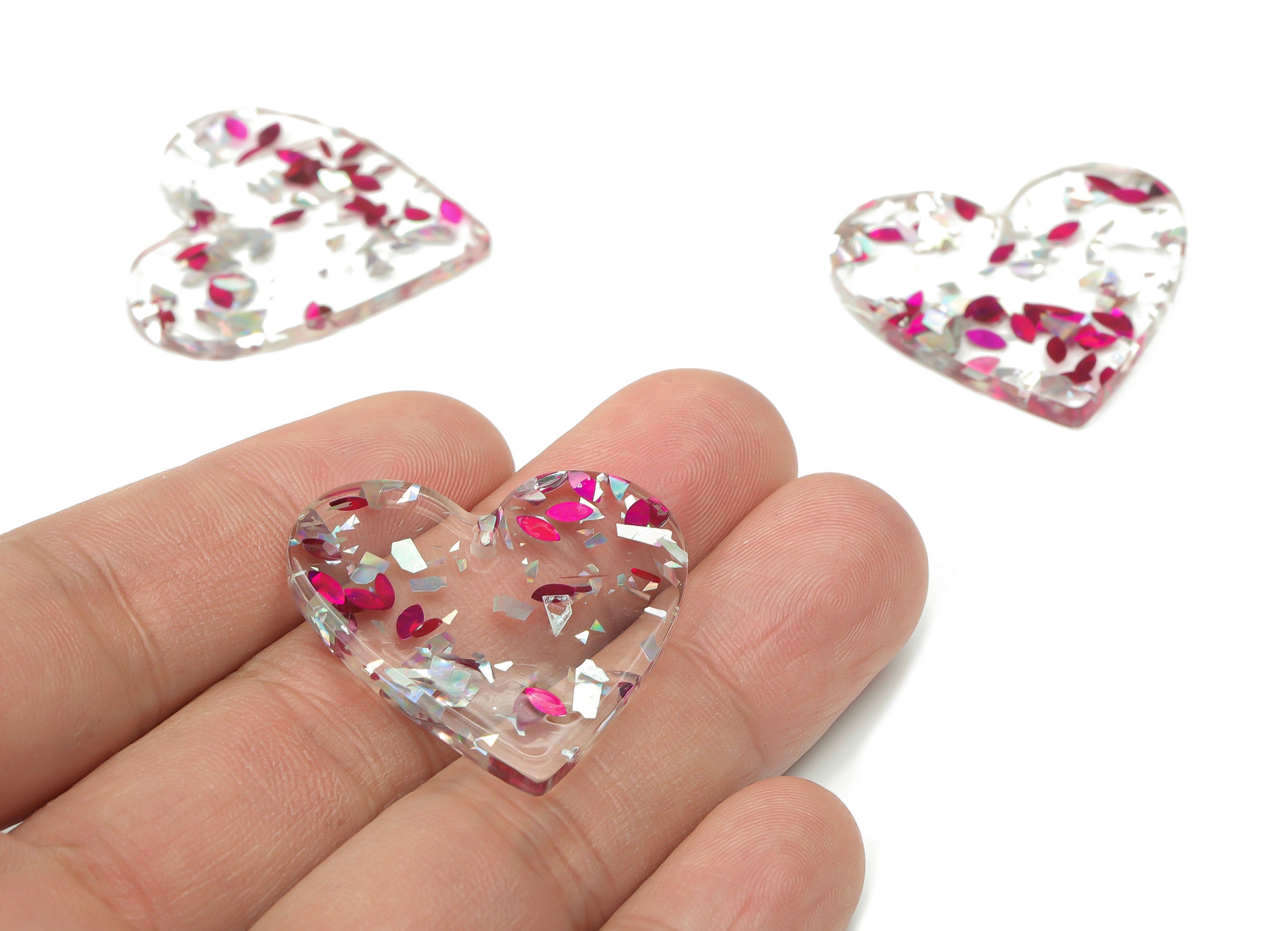 Clear Acrylic Heart Earring Charms - Acrylic Heart Pendant - Silver Pink Foil and Confetti - Color Code: A438 - 31.9x31.2x2.6mm- AC1431-A438 - DOMEDBAZAAR