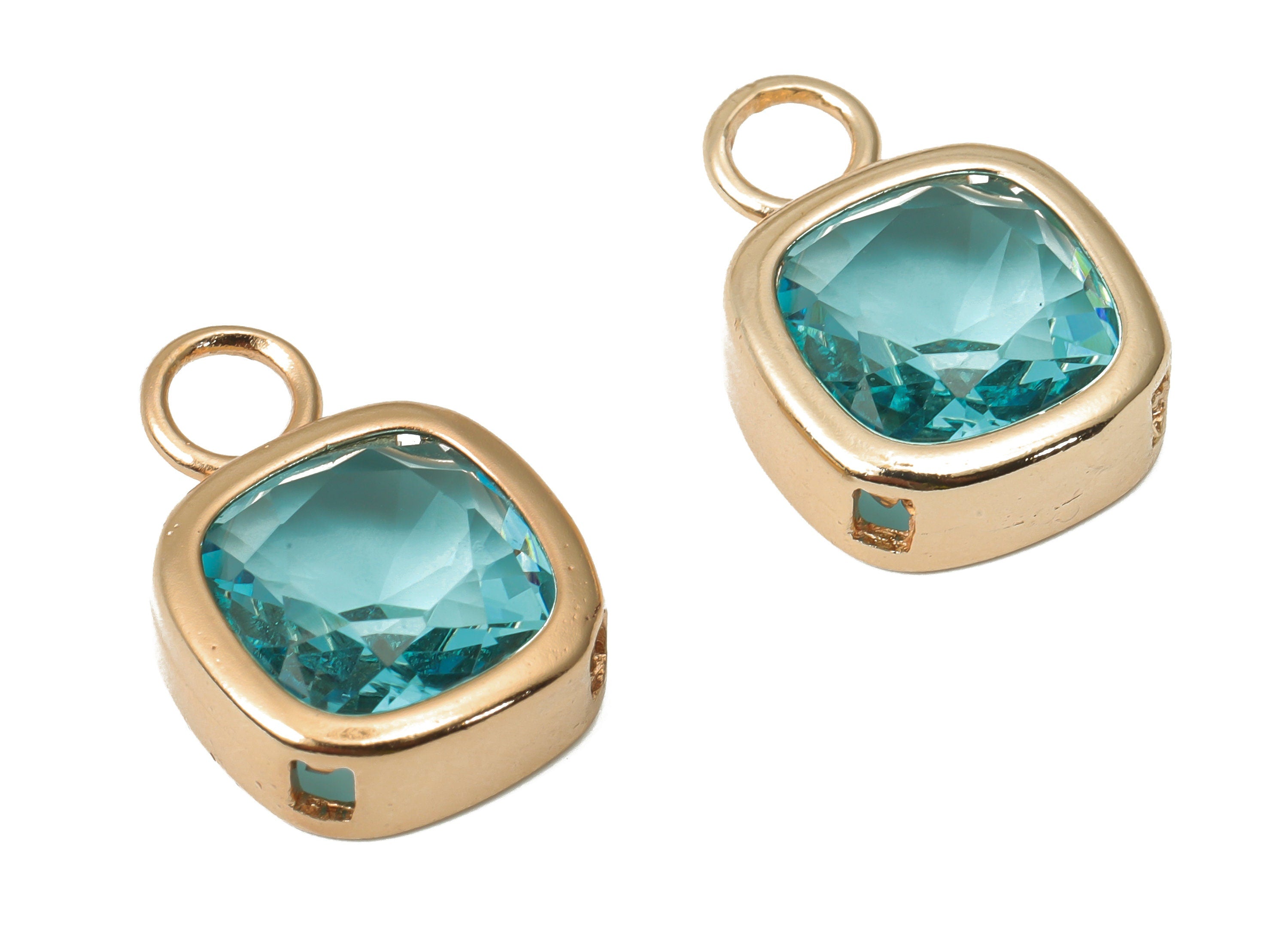 Glass Square Earring Charms with Loop - Aqua Brass Square Frame Pendant - Gold Tone Plated Brass - Faceted Glass - 17x12.03x5.08mm - GS1123C - DOMEDBAZAAR