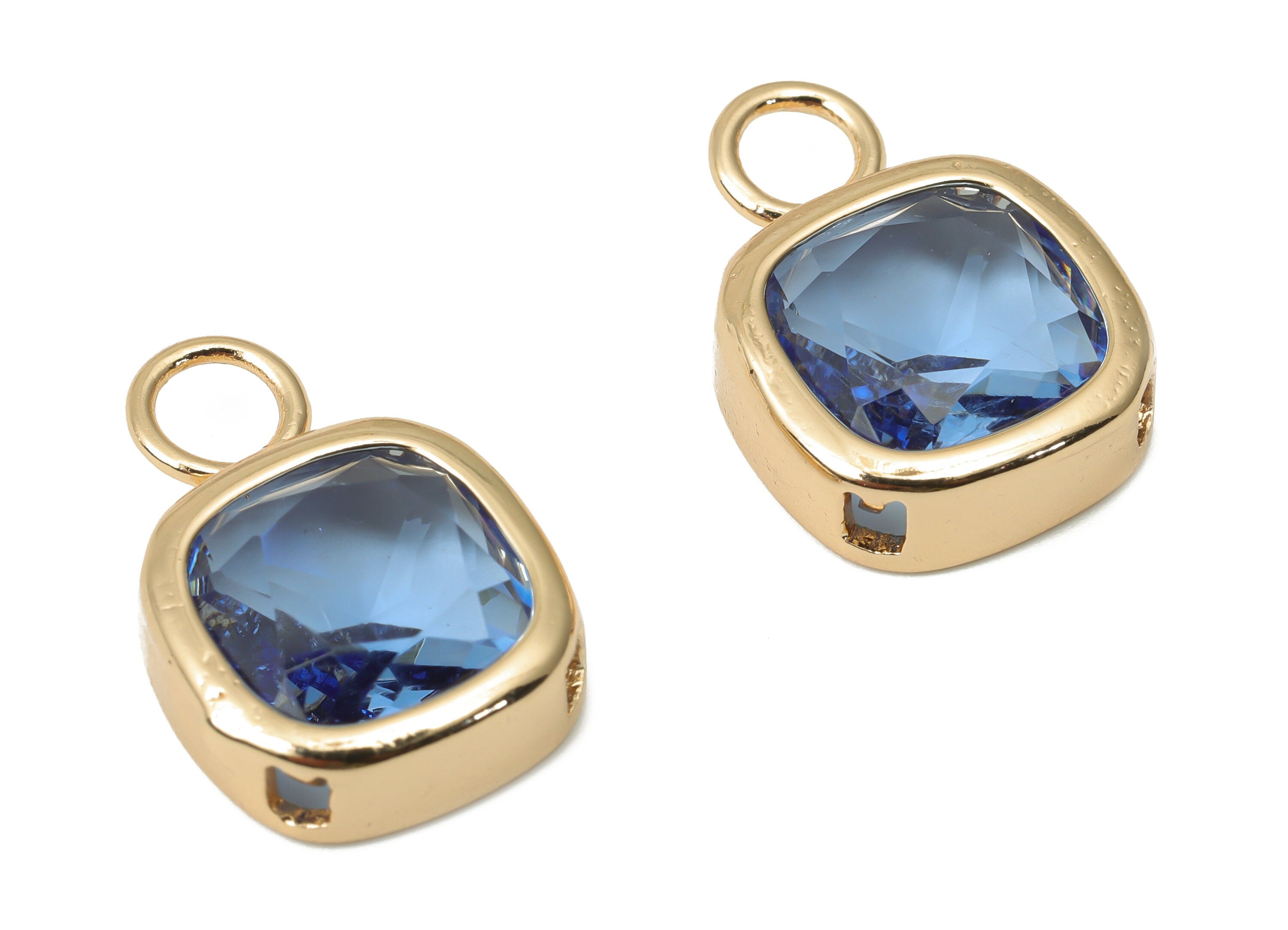 Glass Square Earring Charms with Loop - Blue Brass Square Frame Pendant - Gold Tone Plated Brass - Faceted Glass - 17x12.03x5.08mm - GS1123D - DOMEDBAZAAR