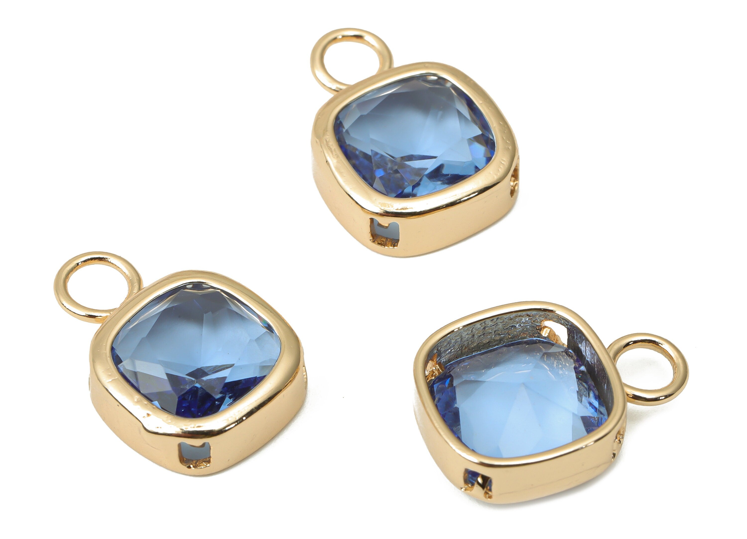 Glass Square Earring Charms with Loop - Blue Brass Square Frame Pendant - Gold Tone Plated Brass - Faceted Glass - 17x12.03x5.08mm - GS1123D - DOMEDBAZAAR