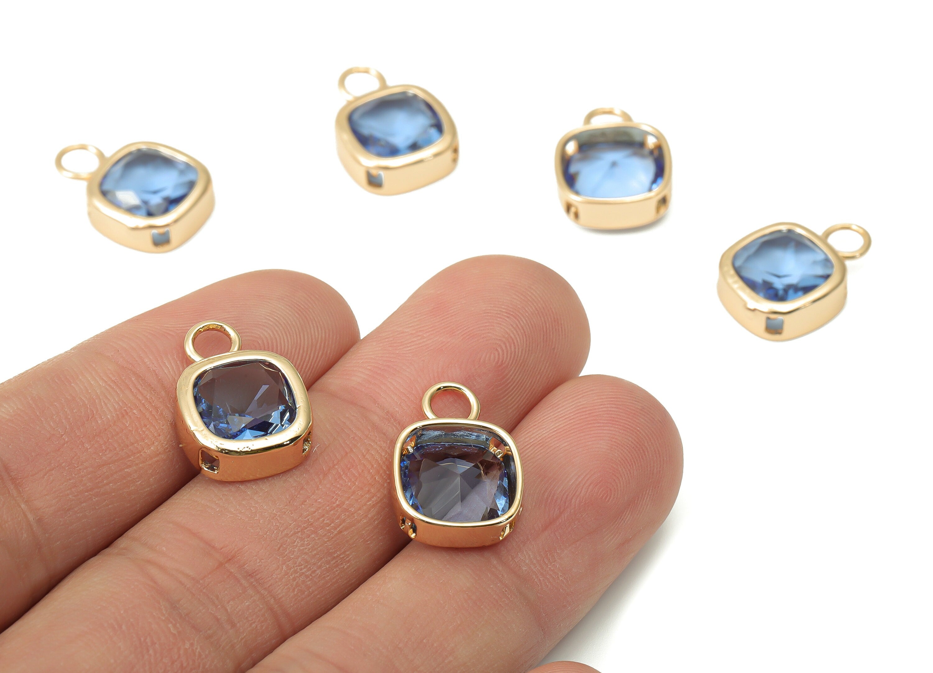 Glass Square Earring Charms with Loop - Blue Brass Square Frame Pendant - Gold Tone Plated Brass - Faceted Glass - 17x12.03x5.08mm - GS1123D - DOMEDBAZAAR