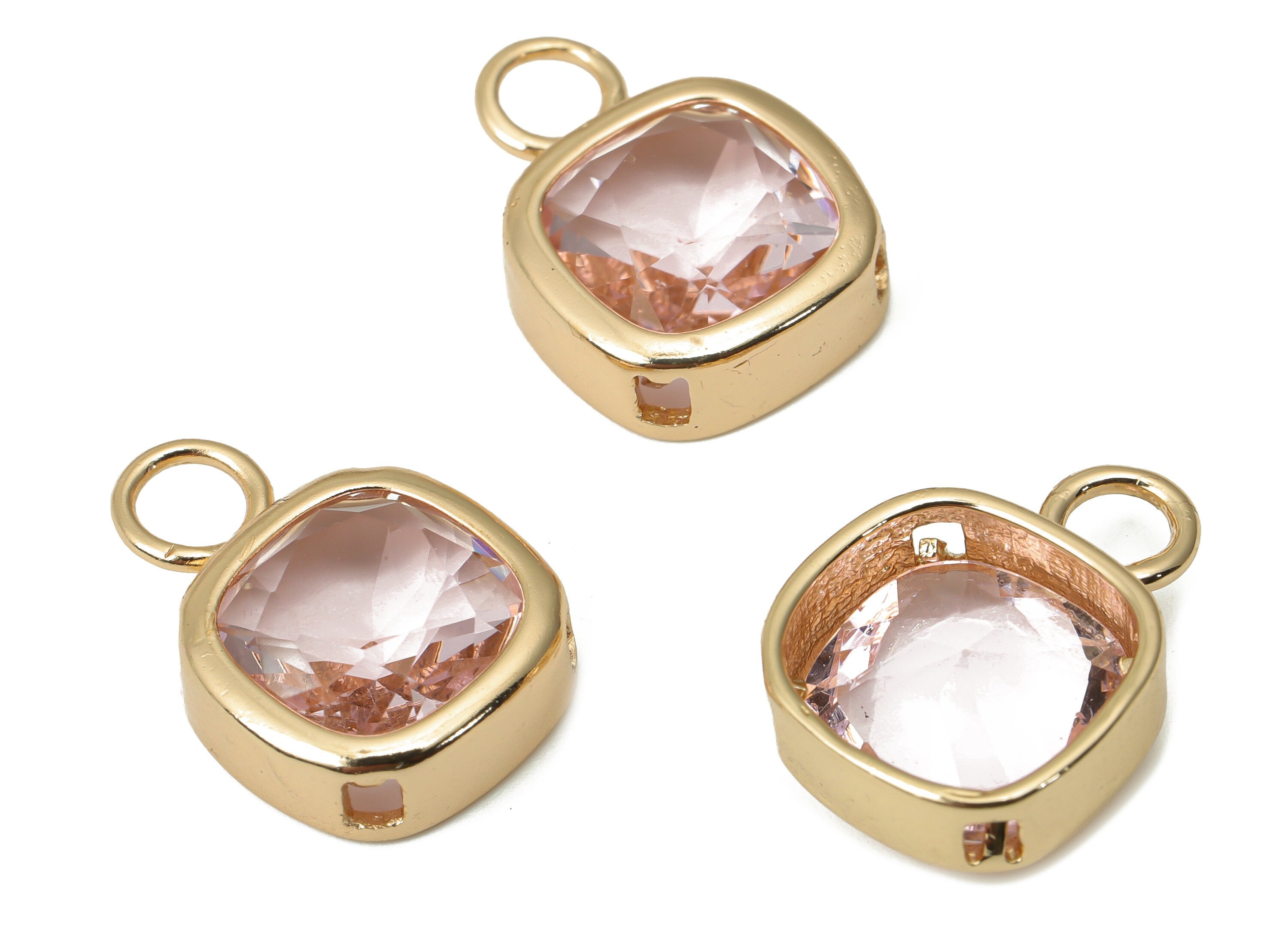 Glass Square Earring Charms with Loop - Brass Square Frame Pendant - Gold Tone Plated Brass - Faceted Glass - 17x12.03x5.08mm - GS1123H - DOMEDBAZAAR