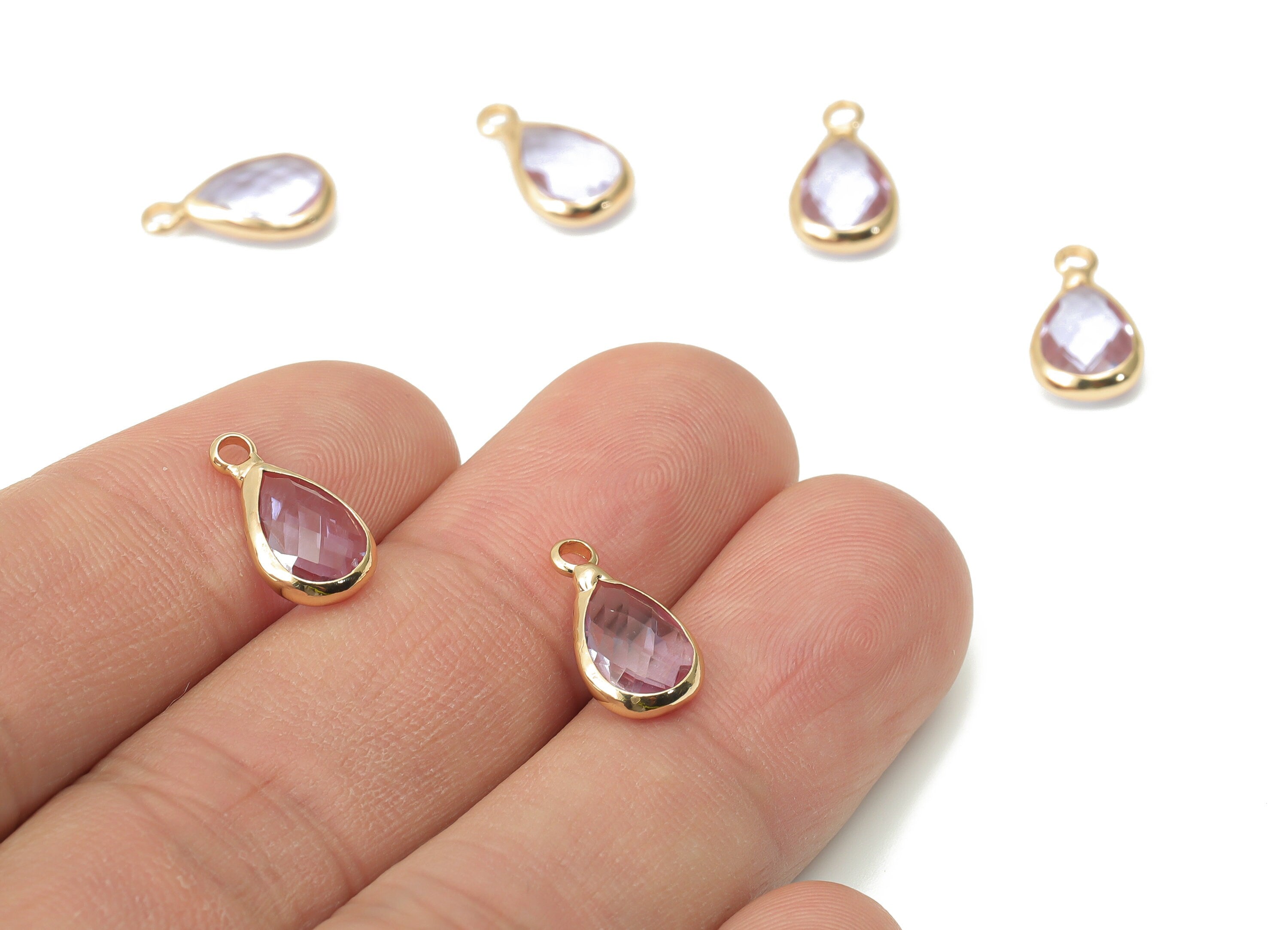Glass Drop Charms - Purple Brass Teardrop Frame Pendant - Gold Tone Plated Brass - Faceted Glass - Jewelry Making - 13.7x7.4x3.5mm- GS1121E - DOMEDBAZAAR