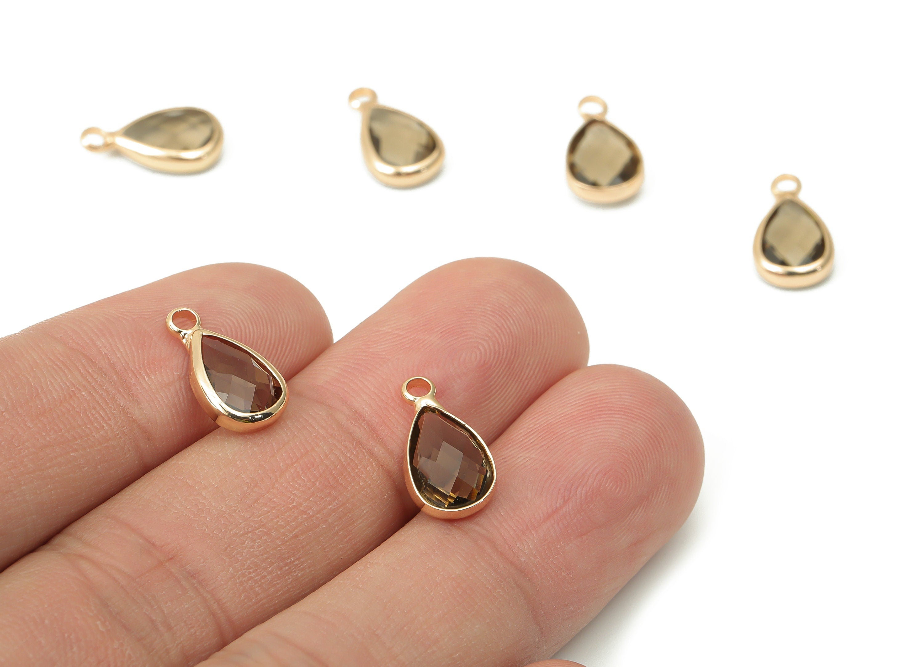 Glass Drop Earring Charms - Brass Teardrop Frame Pendant - Gold Tone Plated Brass - Faceted Glass - Jewelry Making - 13.7x7.4x3.5mm- GS1121G - DOMEDBAZAAR