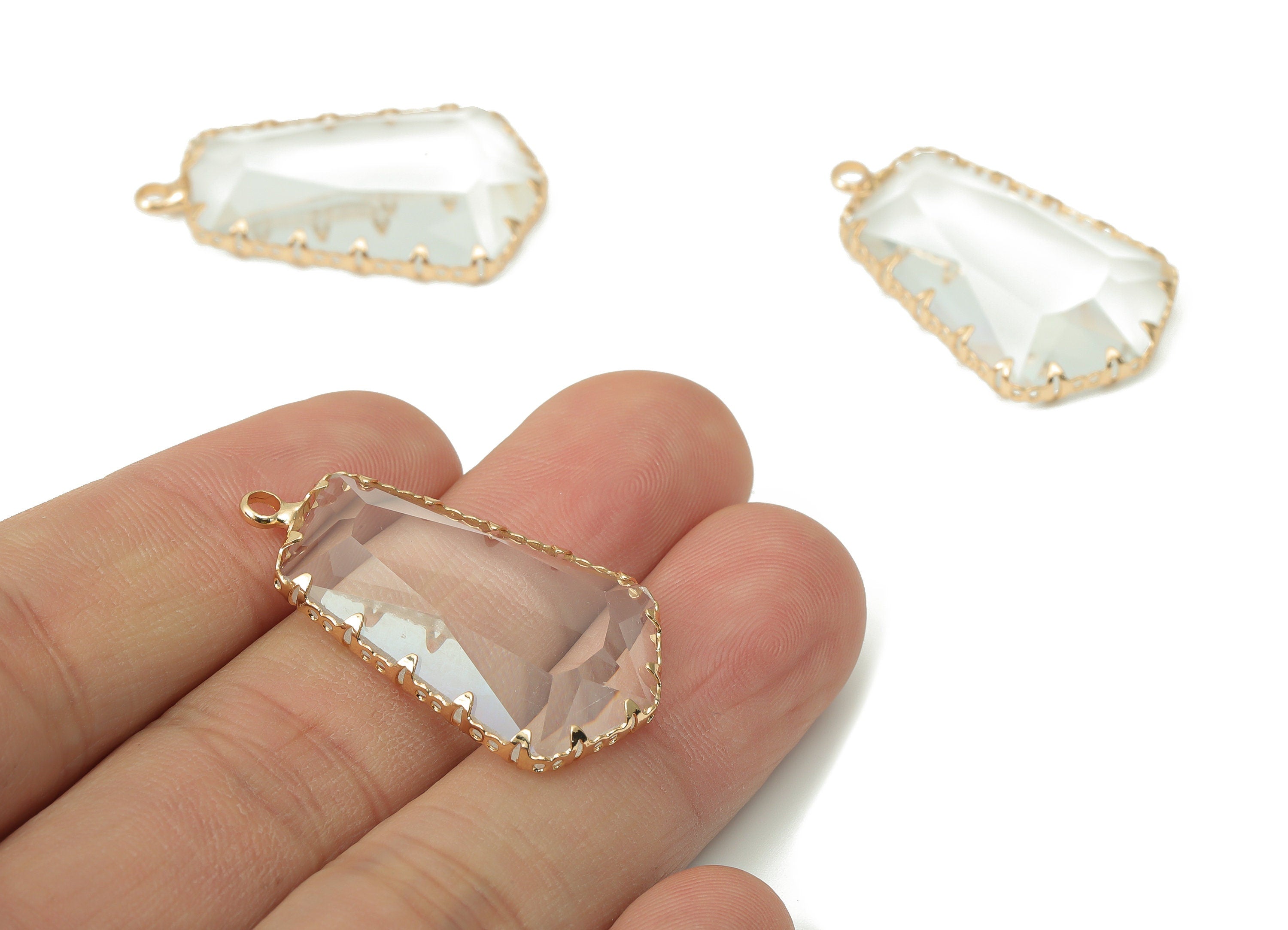 Glass Pentagon Charms with Loop - Clear Brass Pentagon Frame Pendant - Gold Tone Plated Brass - Faceted Glass - 34.12x19.6x4.8mm - GS1132B - DOMEDBAZAAR