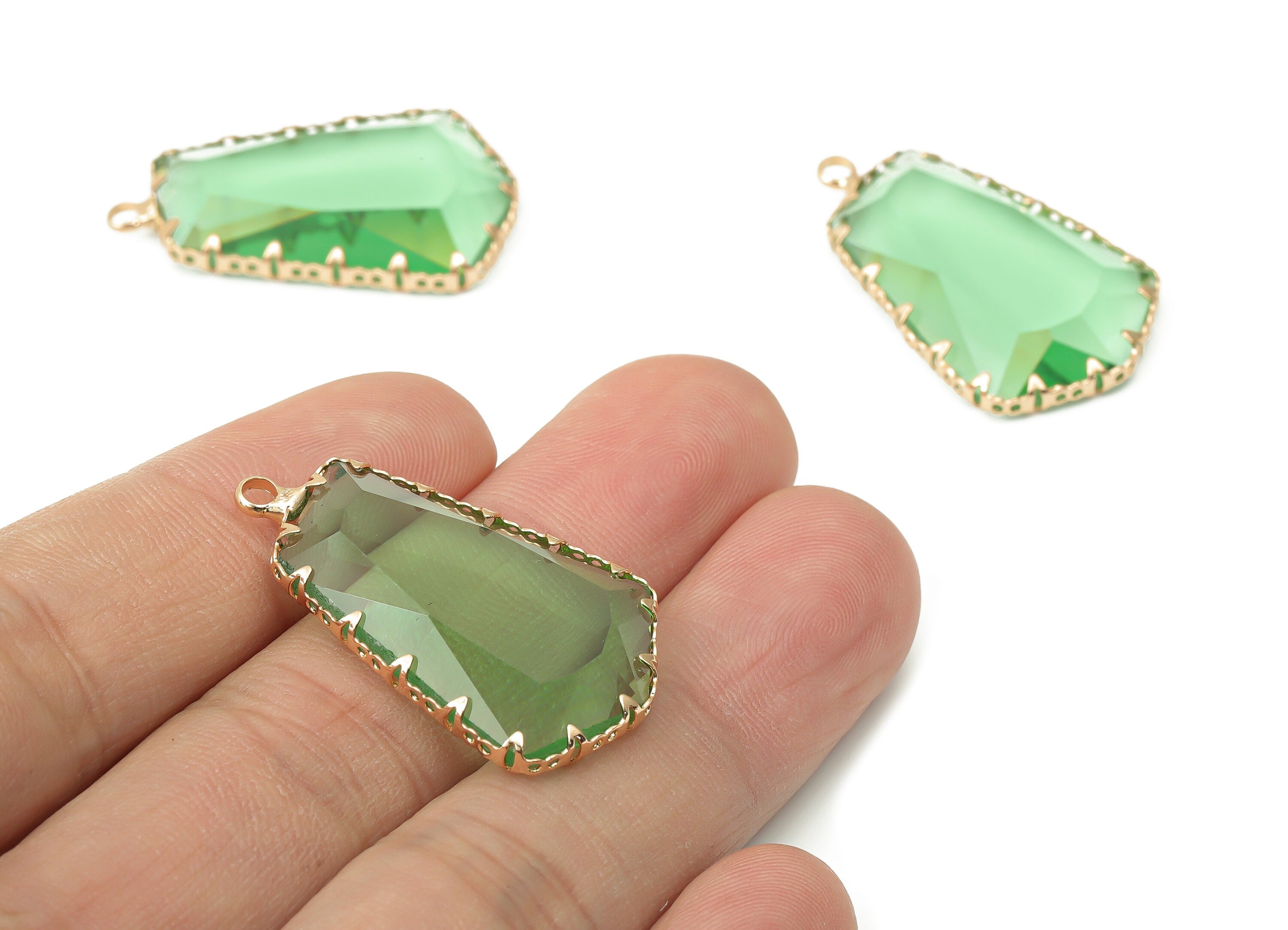 Glass Pentagon Charms with Loop - Green Brass Pentagon Frame Pendant - Gold Tone Plated Brass - Faceted Glass - 34.12x19.6x4.8mm - GS1132C - DOMEDBAZAAR