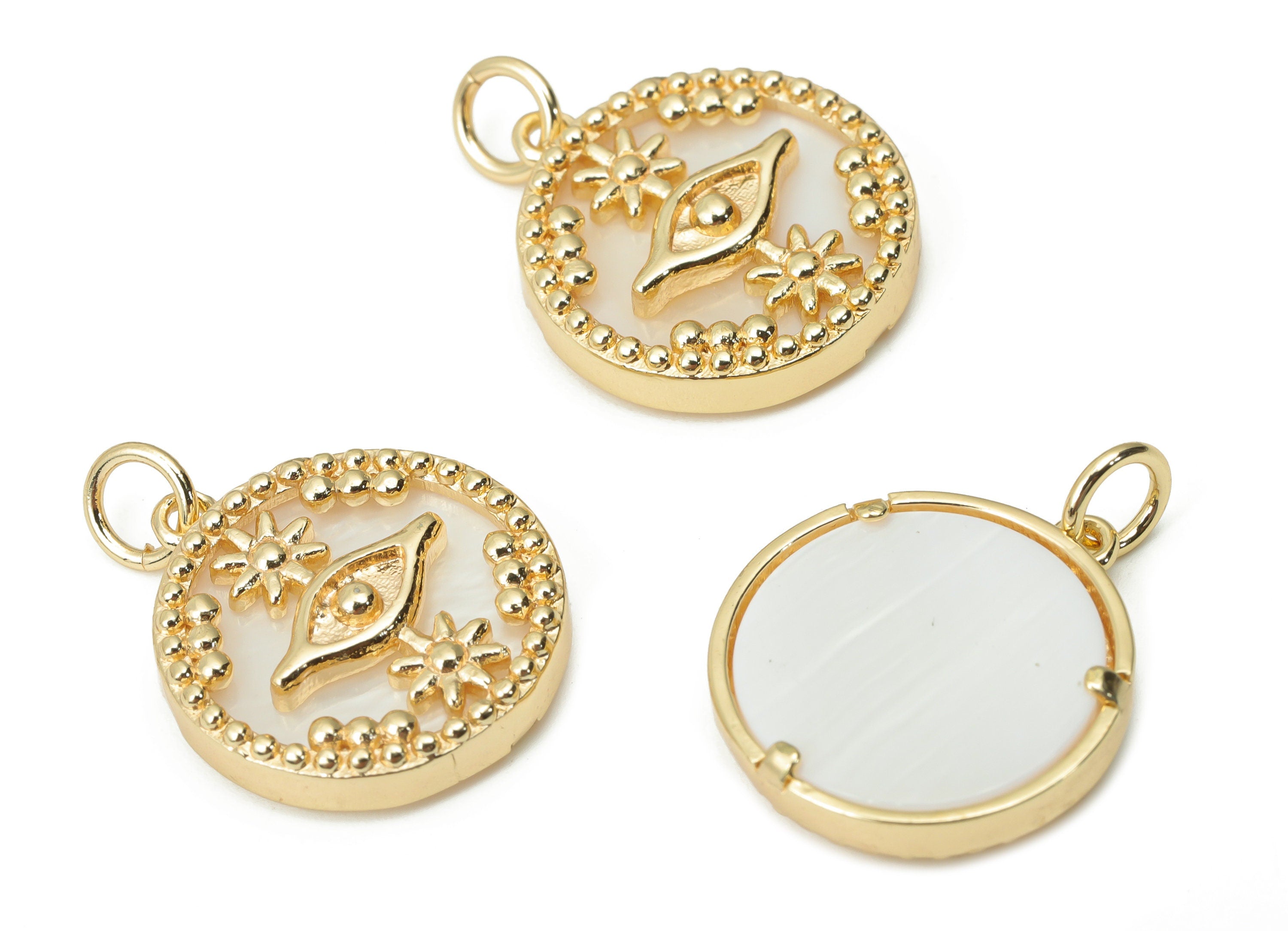 Brass Round Planet Eye Earring Charms - Shell Star Beads Circle Pendant - 18K Real Gold Plated Brass - 17.62x15.72x3.32mm - RGP4380 - DOMEDBAZAAR