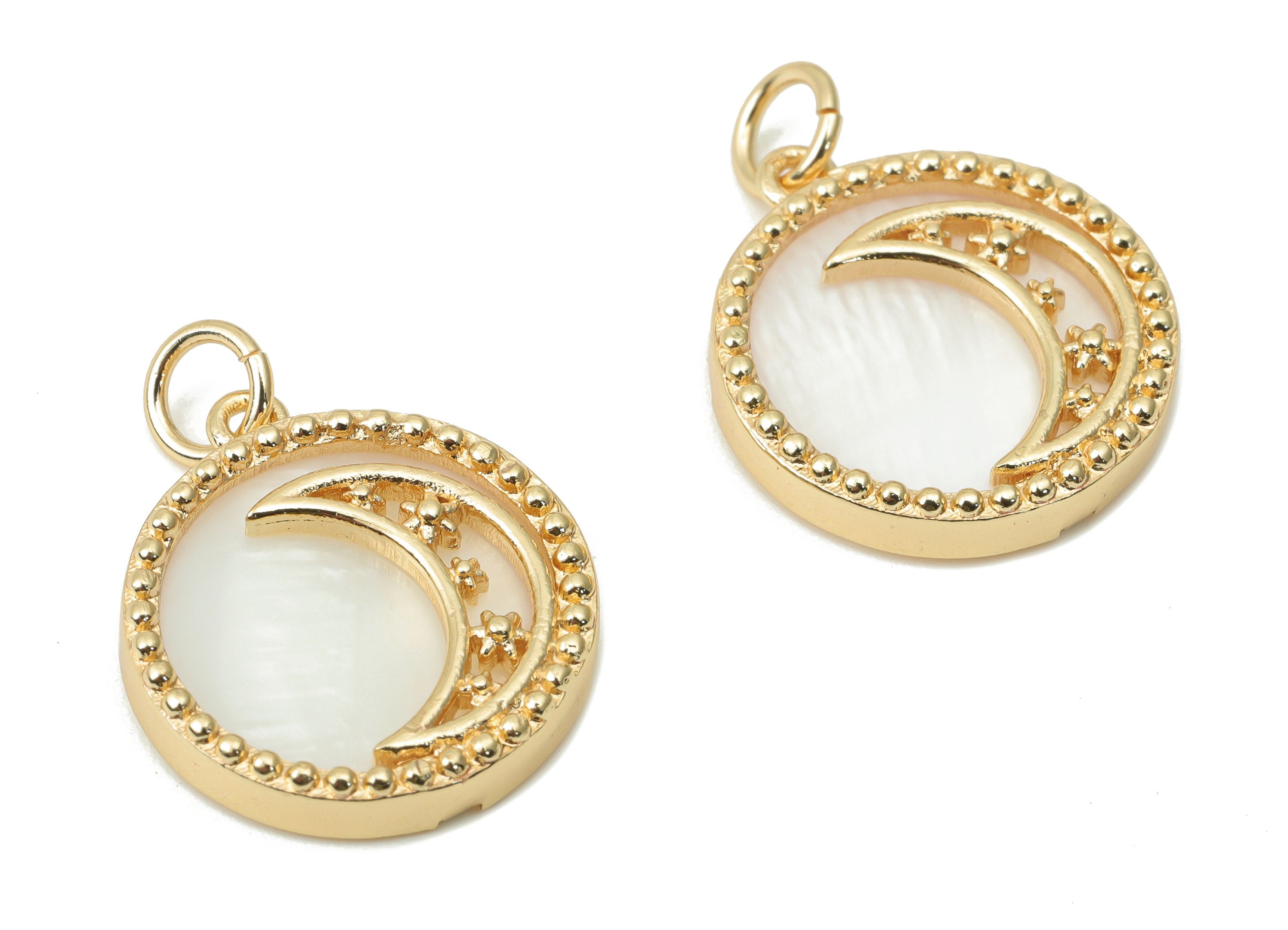 Brass Round Planet Crescent Earring Charms - Shell Star Moon Beads Circle Pendant - 18K Real Gold Plated Brass - 17.66x15.91x2.8mm - RGP4381 - DOMEDBAZAAR