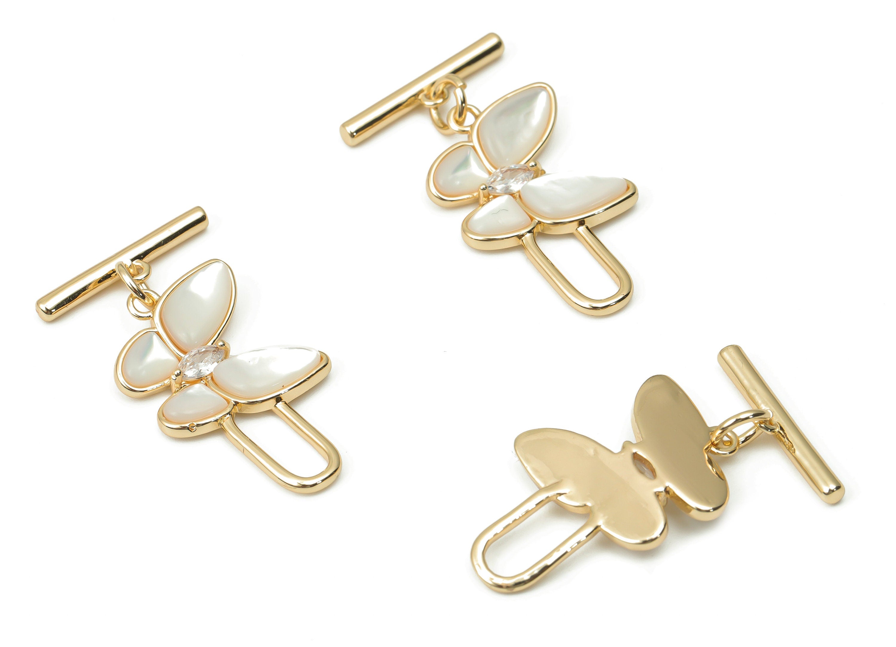 Brass Butterfly Toggle Clasp with Zircon – Shell Butterfly Toggle Clasp – 18K Real Gold Plated Brass - 29.56x14.53x2.67mm - RGP4385 - DOMEDBAZAAR