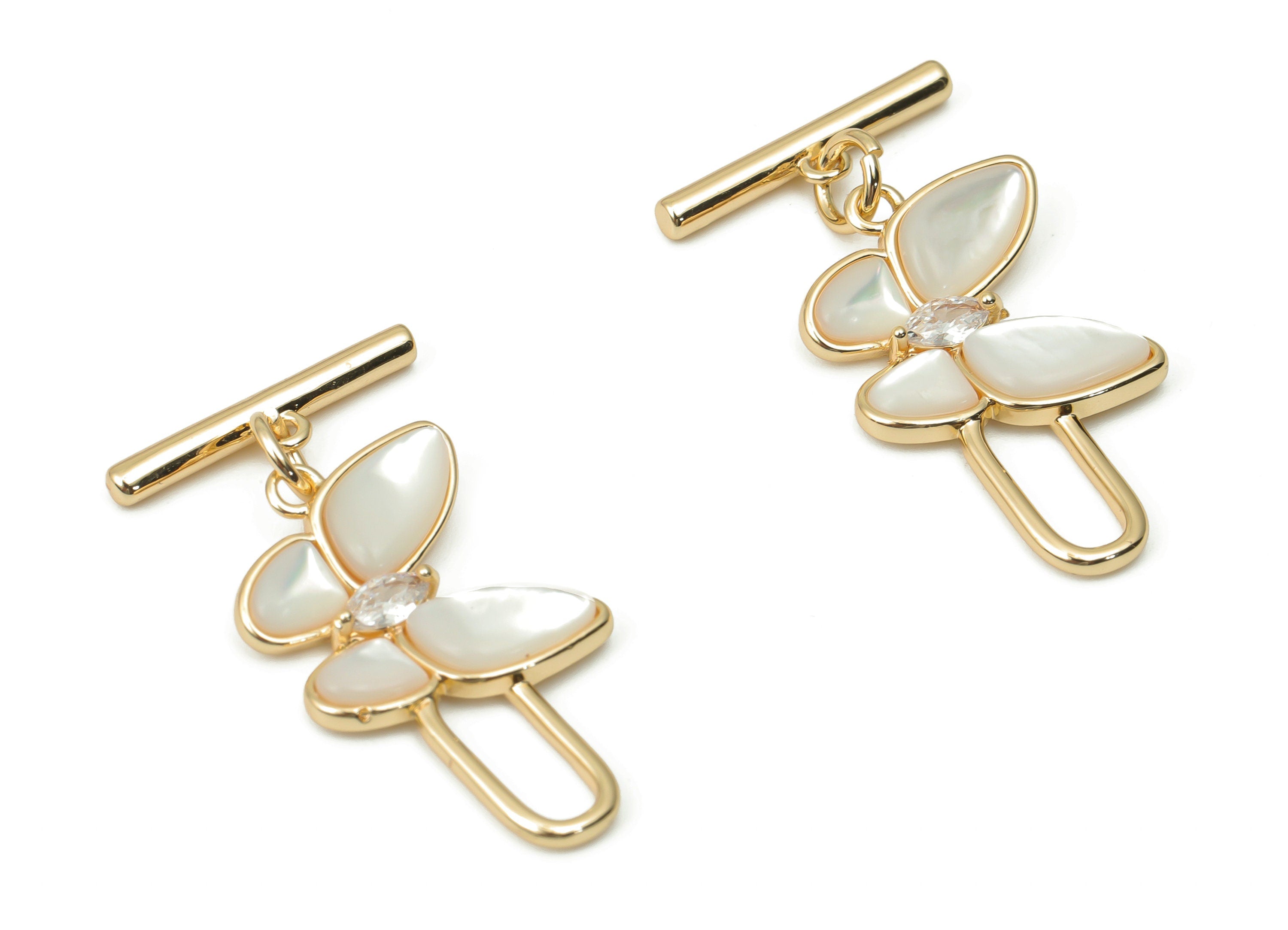 Brass Butterfly Toggle Clasp with Zircon – Shell Butterfly Toggle Clasp – 18K Real Gold Plated Brass - 29.56x14.53x2.67mm - RGP4385 - DOMEDBAZAAR