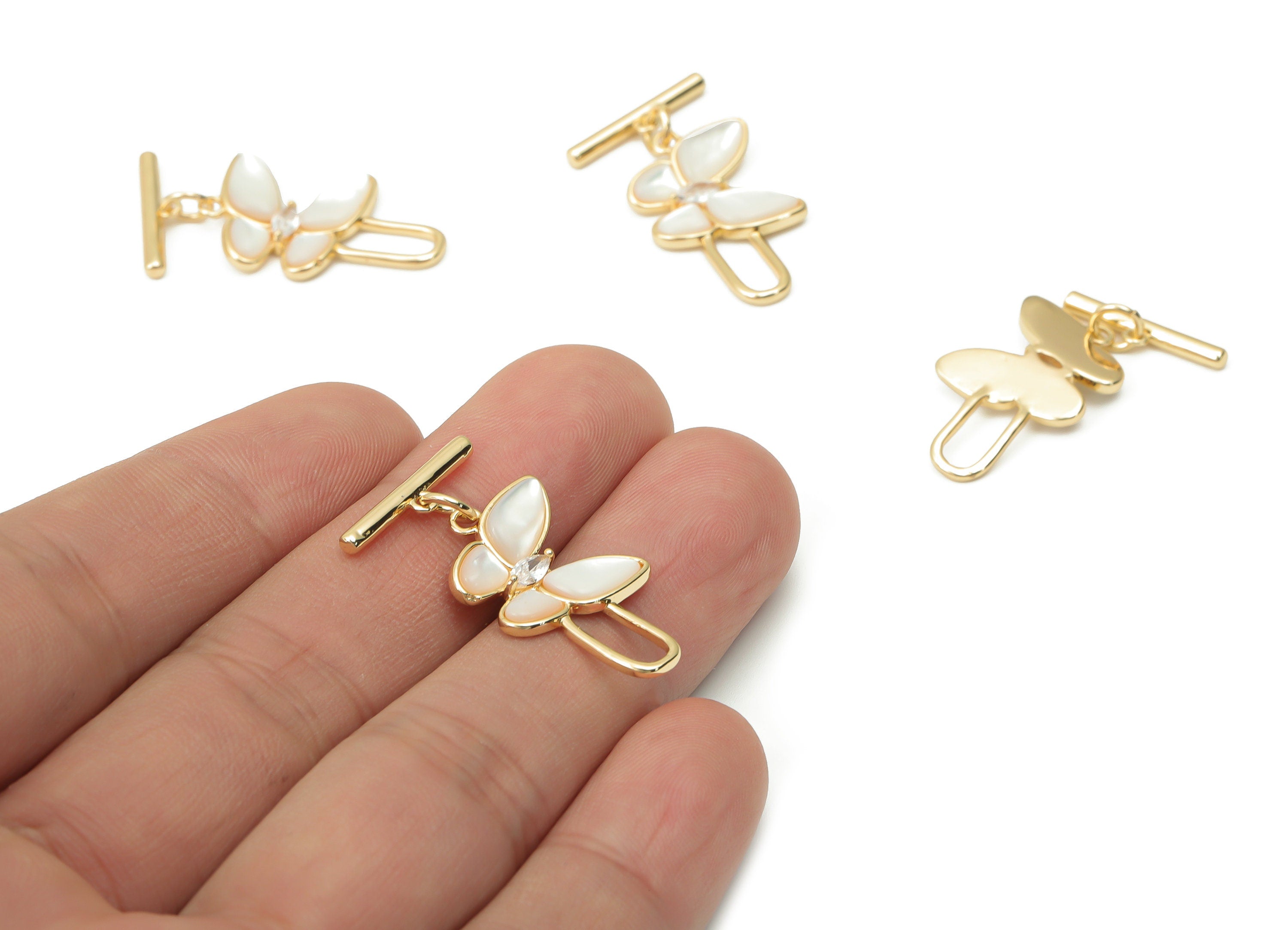 Brass Butterfly Toggle Clasp with Zircon – Shell Butterfly Toggle Clasp – 18K Real Gold Plated Brass - 29.56x14.53x2.67mm - RGP4385 - DOMEDBAZAAR