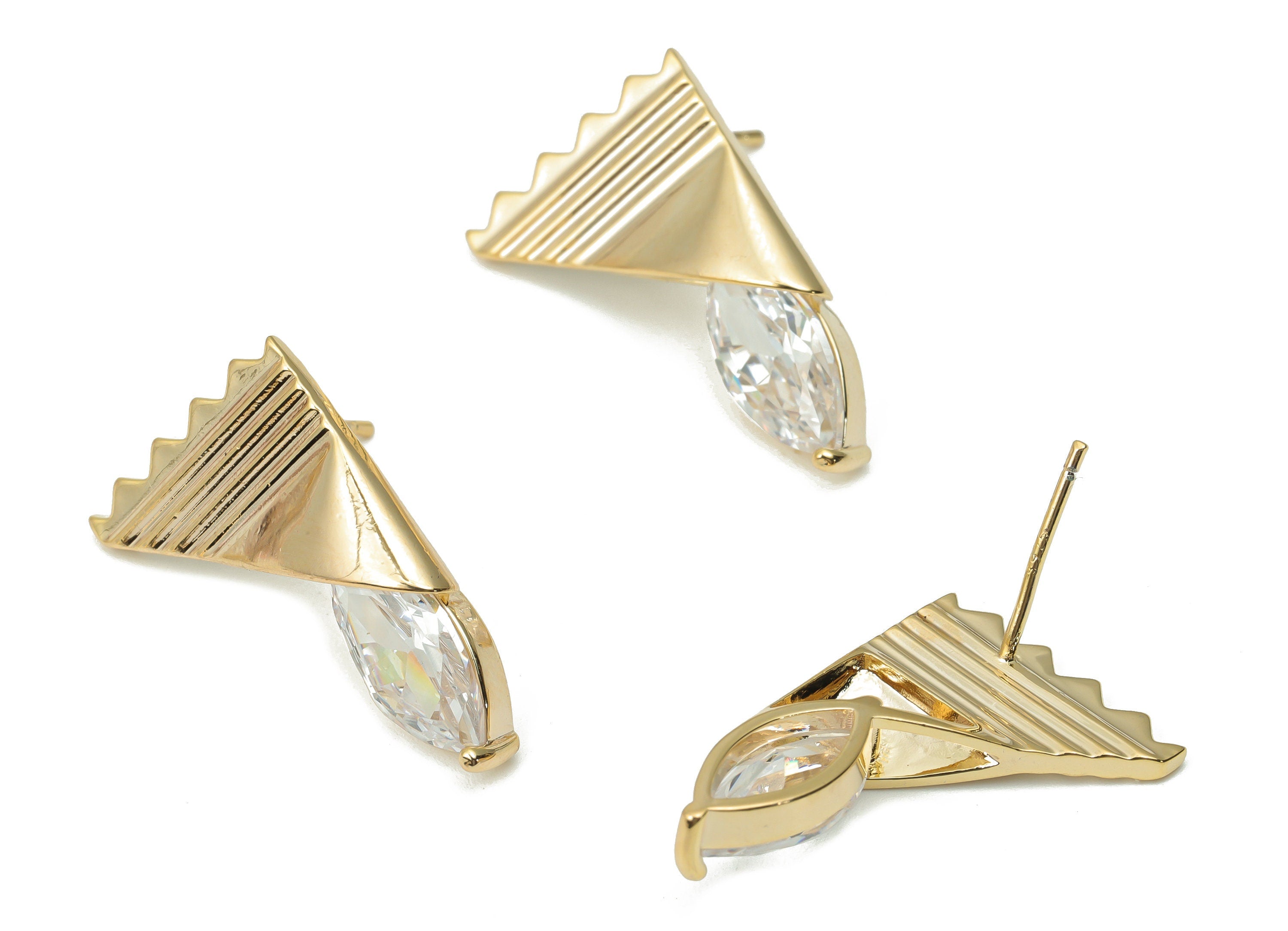 Brass Wave Triangle Earring Stud with Zircon - Gold Triangle Post - Silver Stud - 18k Real Gold Plated Brass - 23.8x14.93x4.92mm - RGP4408 - DOMEDBAZAAR