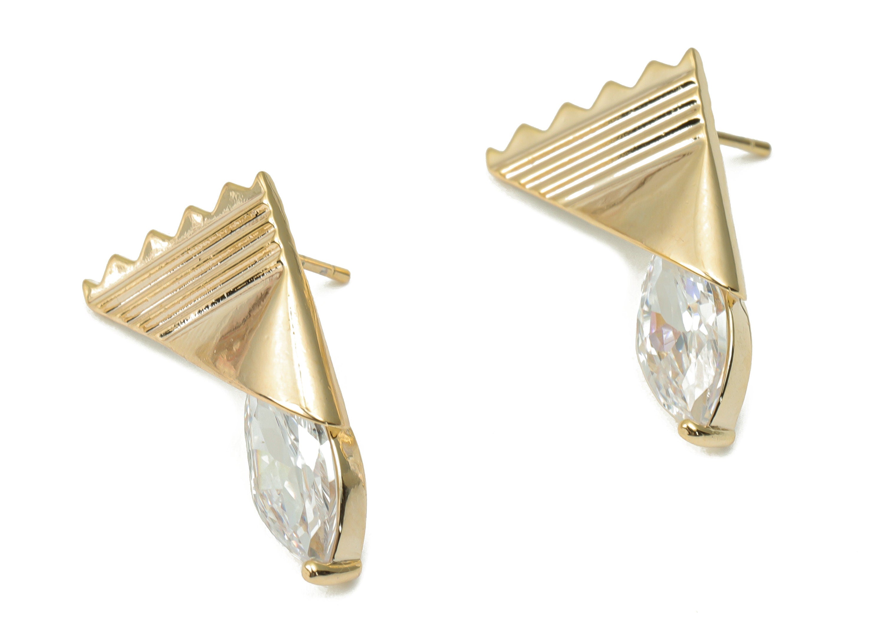 Brass Wave Triangle Earring Stud with Zircon - Gold Triangle Post - Silver Stud - 18k Real Gold Plated Brass - 23.8x14.93x4.92mm - RGP4408 - DOMEDBAZAAR