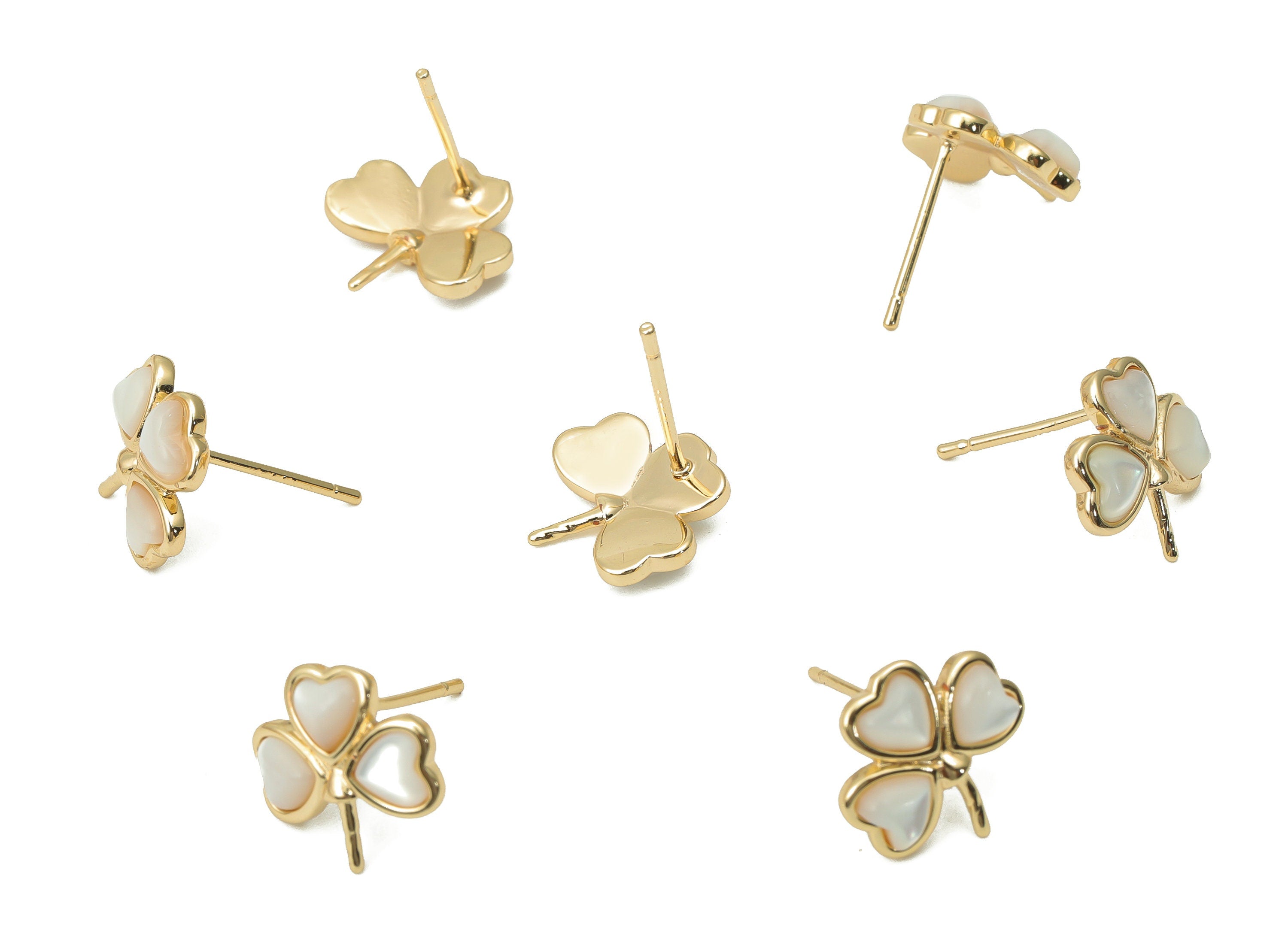 Brass Leaves Earring Stud - Shell Clover Heart Post - Silver Stud - 18k Real Gold Plated Brass - Jewelry Supplies - 12x11.9x3.3mm - RGP4400 - DOMEDBAZAAR