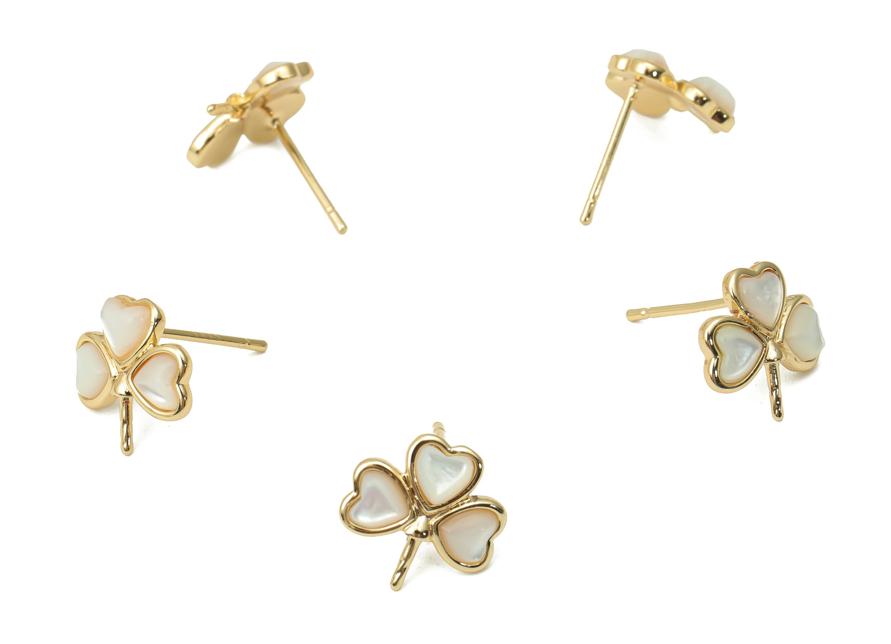 Brass Leaves Earring Stud - Shell Clover Heart Post - Silver Stud - 18k Real Gold Plated Brass - Jewelry Supplies - 12x11.9x3.3mm - RGP4400 - DOMEDBAZAAR