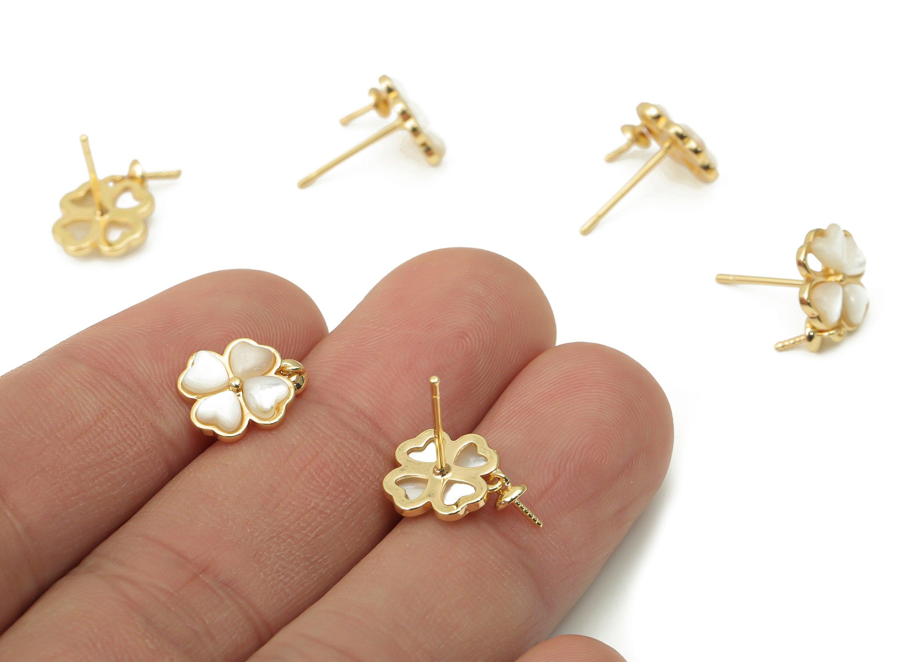 Brass Clover Earring Stud - Shell Four Leaf Clover Earring Post - Silver Stud - 18k Real Gold Plated Brass - 10.6x9.7x2.2mm- RGP4397 - DOMEDBAZAAR