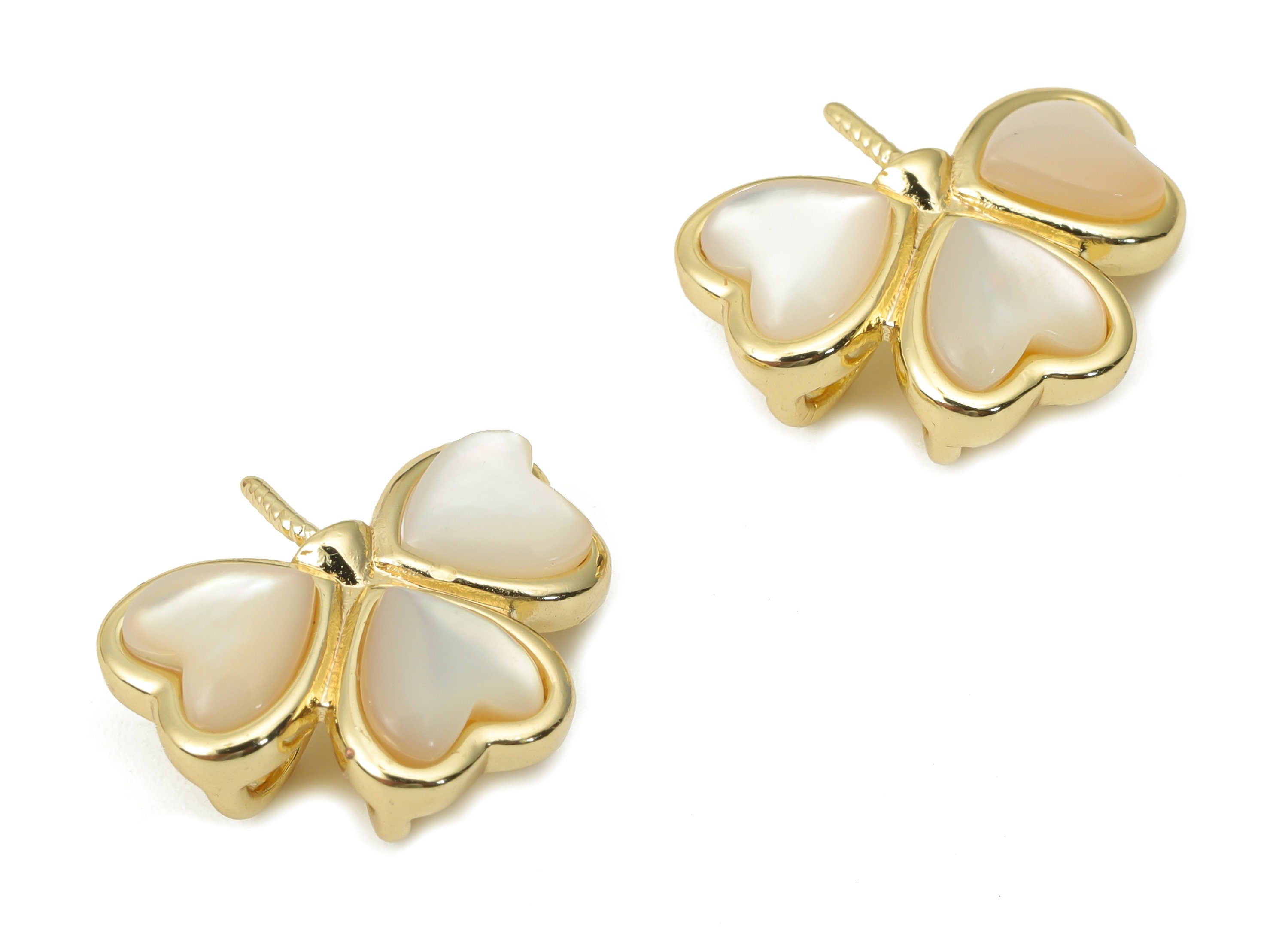 Brass Leaves Heart Connector - Shell Clover Cap Bail Peg for Half Drilled Beads - 18K Real Gold Plated Brass - 14.14x12.37x4.55mm - RGP4383 - DOMEDBAZAAR