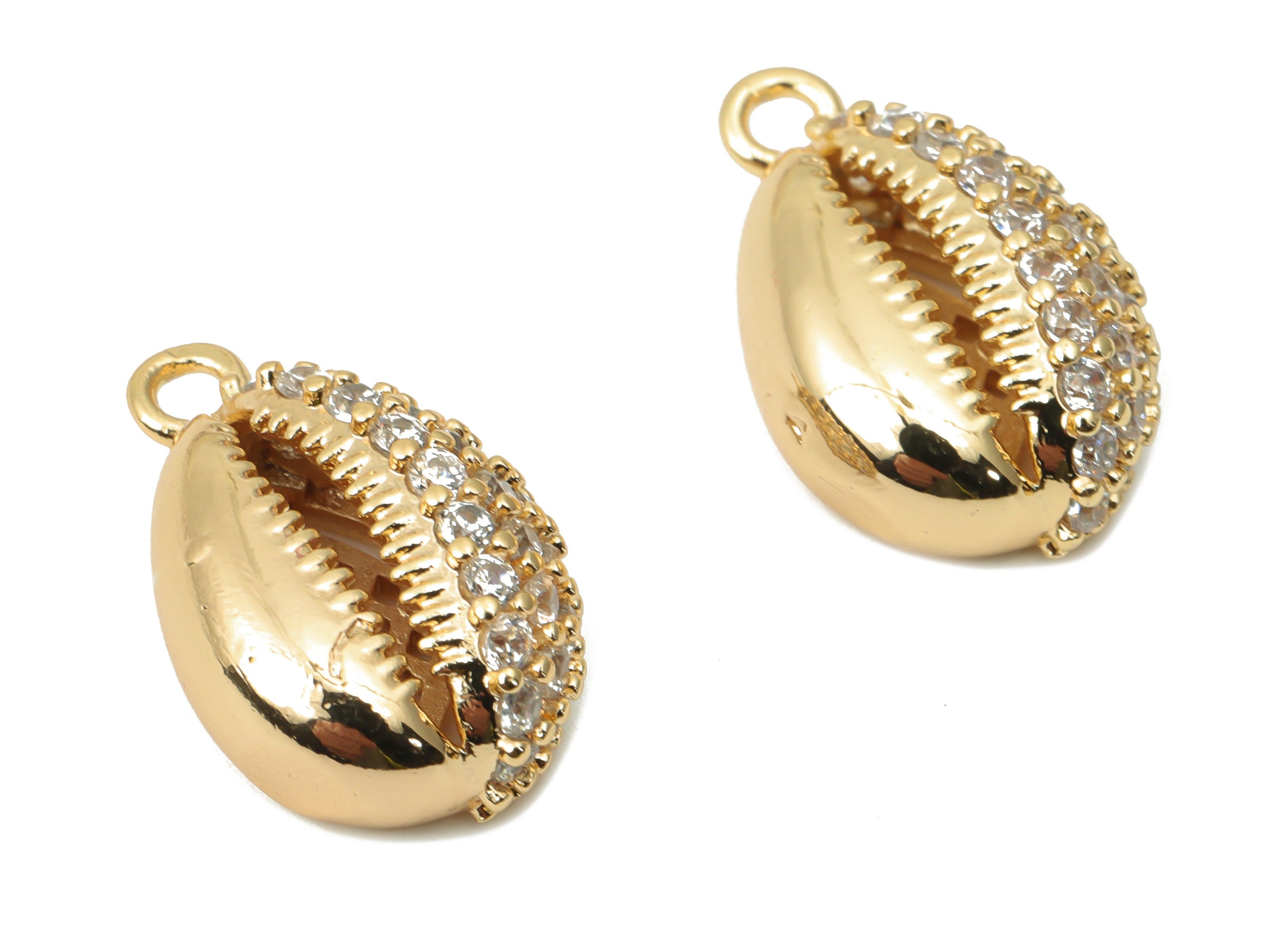 Brass Cowrie Seashell Charms with Zircons - Gold Shell Pendant - 18K Real Gold Plated Brass - Jewelry Supplies - 15.96x10.36x5.5mm - RGP4409 - DOMEDBAZAAR