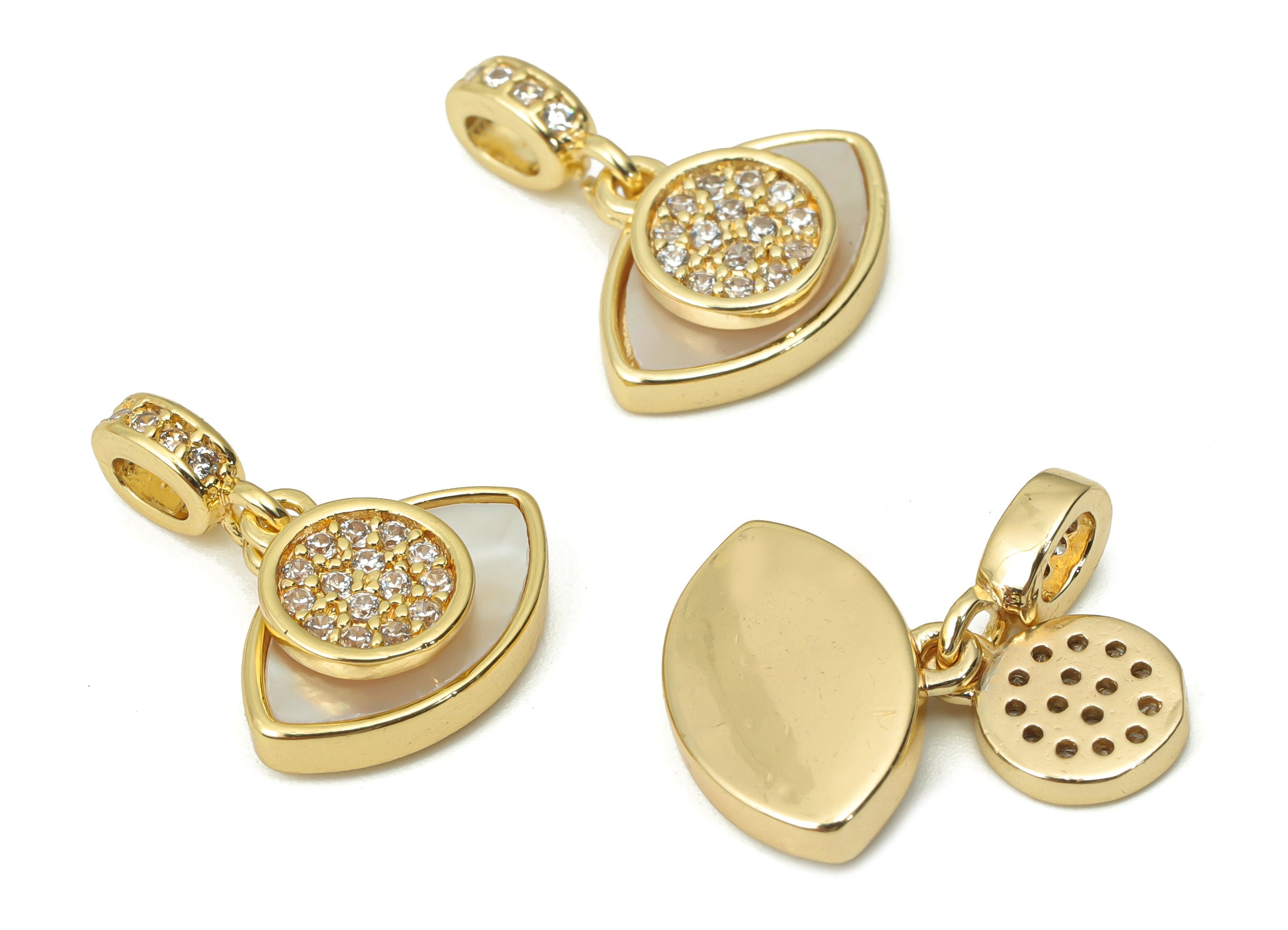 Brass Marquise Oval Charms with Zincons - Shell Eye Round Pendant - 18K Real Gold Plated - Jewelry Supplies - 17.58x12.15x2.1mm - RGP4396 - DOMEDBAZAAR