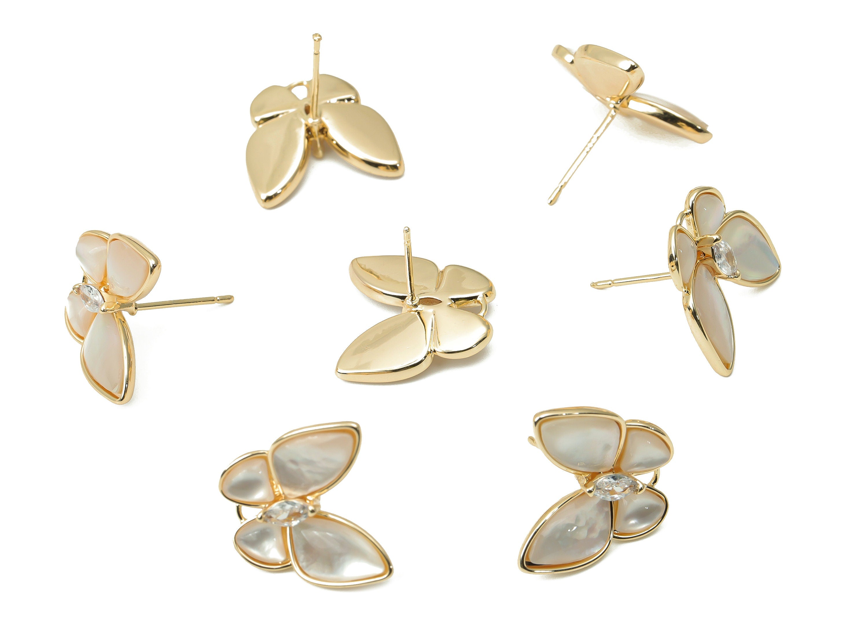 Brass Butterfly Earring Stud with Zircon - Shell Butterfly Earring Post - Silver Stud - 18k Real Gold Plated Brass - 16x15.5x3.5mm - RGP4401 - DOMEDBAZAAR