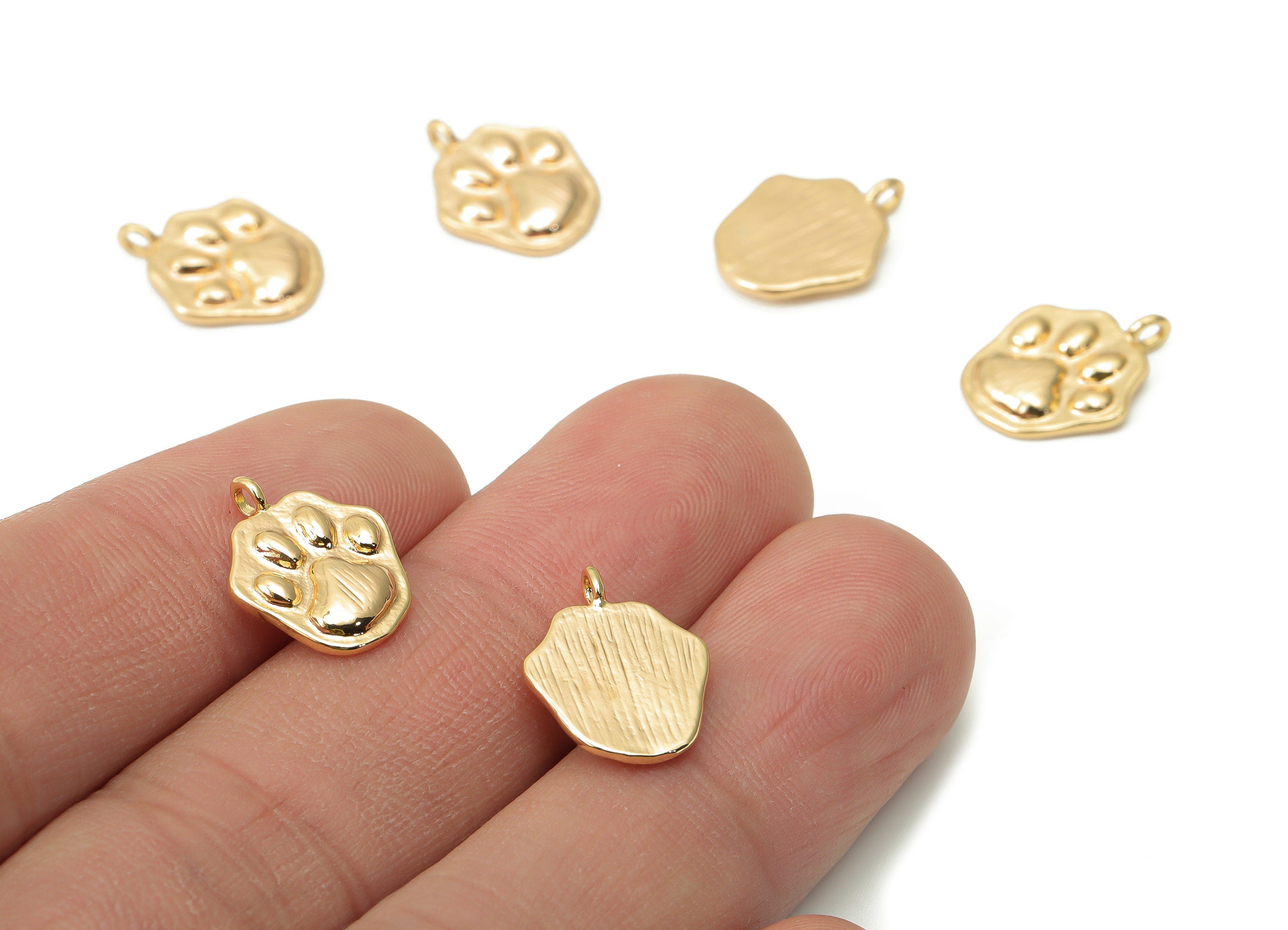 Brass Texture Cat Paw Earring Charms - Gold Cat Paw Print Pendant - 18K Real Gold Plated Brass - Jewelry Supplies - 14.5x11.5x1.8mm- RGP4418 - DOMEDBAZAAR