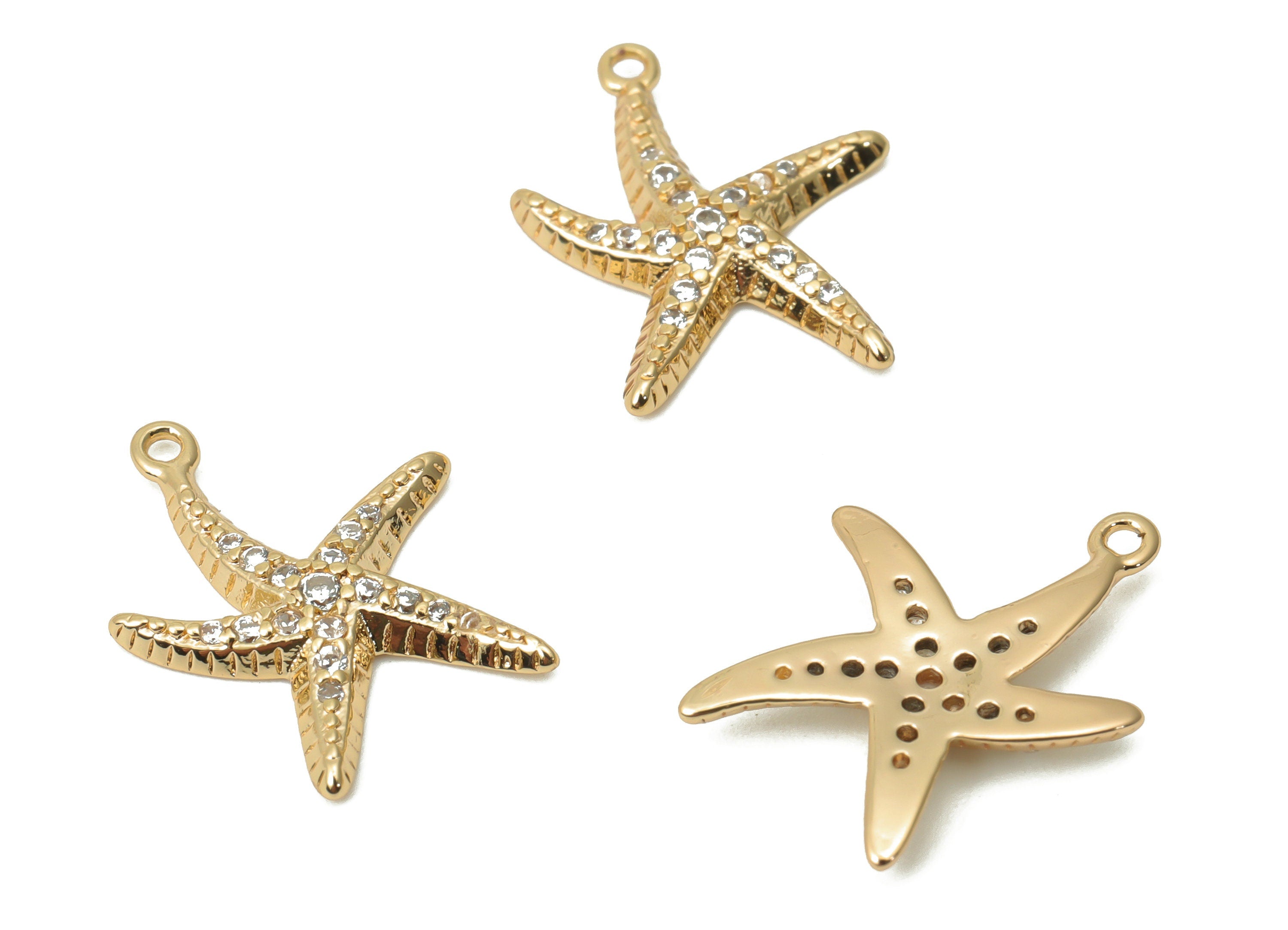 Brass Starfish Earring Charms with Zircon - Gold Starfish Pendant - 18K Real Gold Plated Brass - Jewelry Supplies - 17.5x13.1x1.9mm- RGP4411 - DOMEDBAZAAR