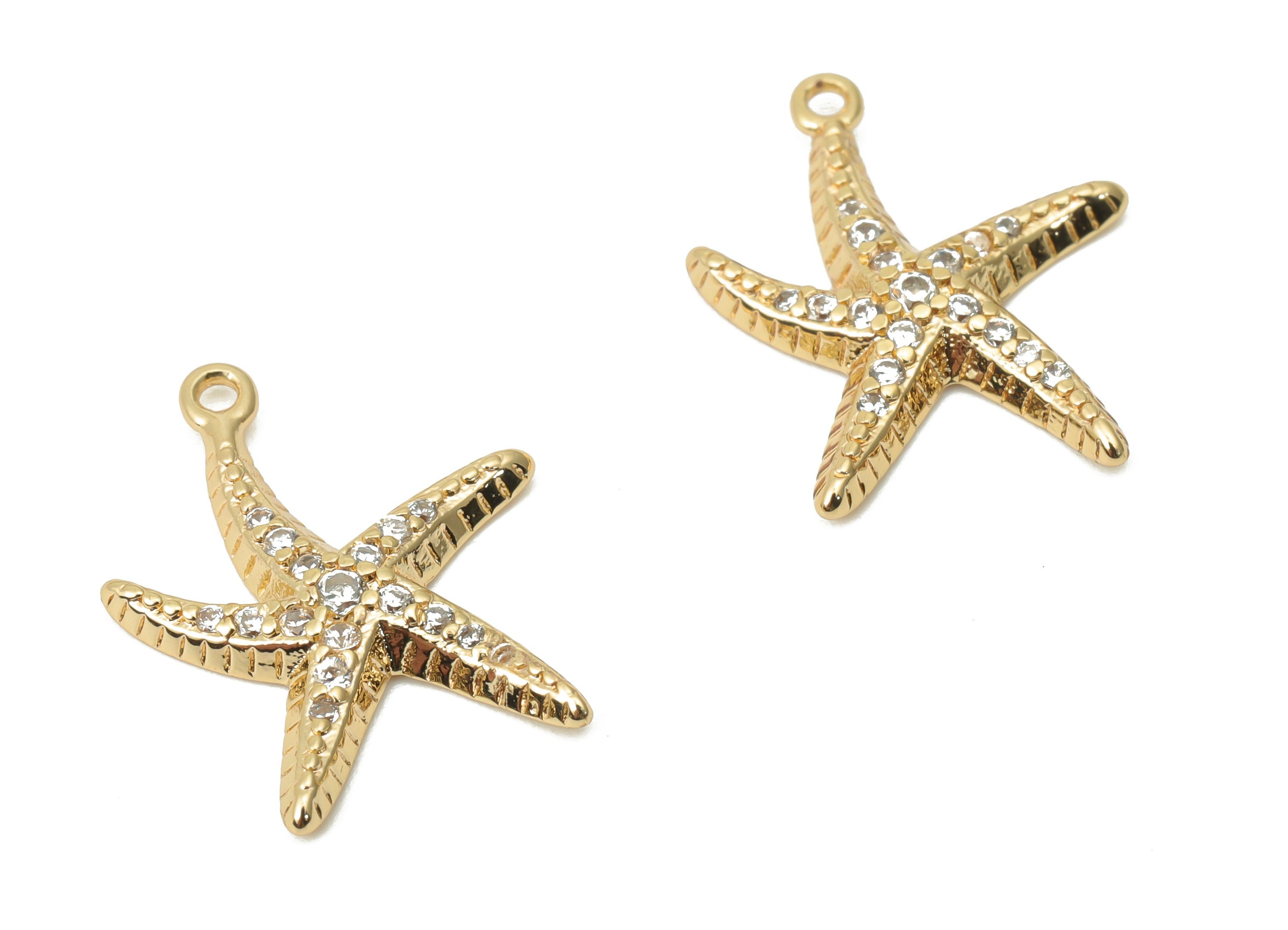 Brass Starfish Earring Charms with Zircon - Gold Starfish Pendant - 18K Real Gold Plated Brass - Jewelry Supplies - 17.5x13.1x1.9mm- RGP4411 - DOMEDBAZAAR