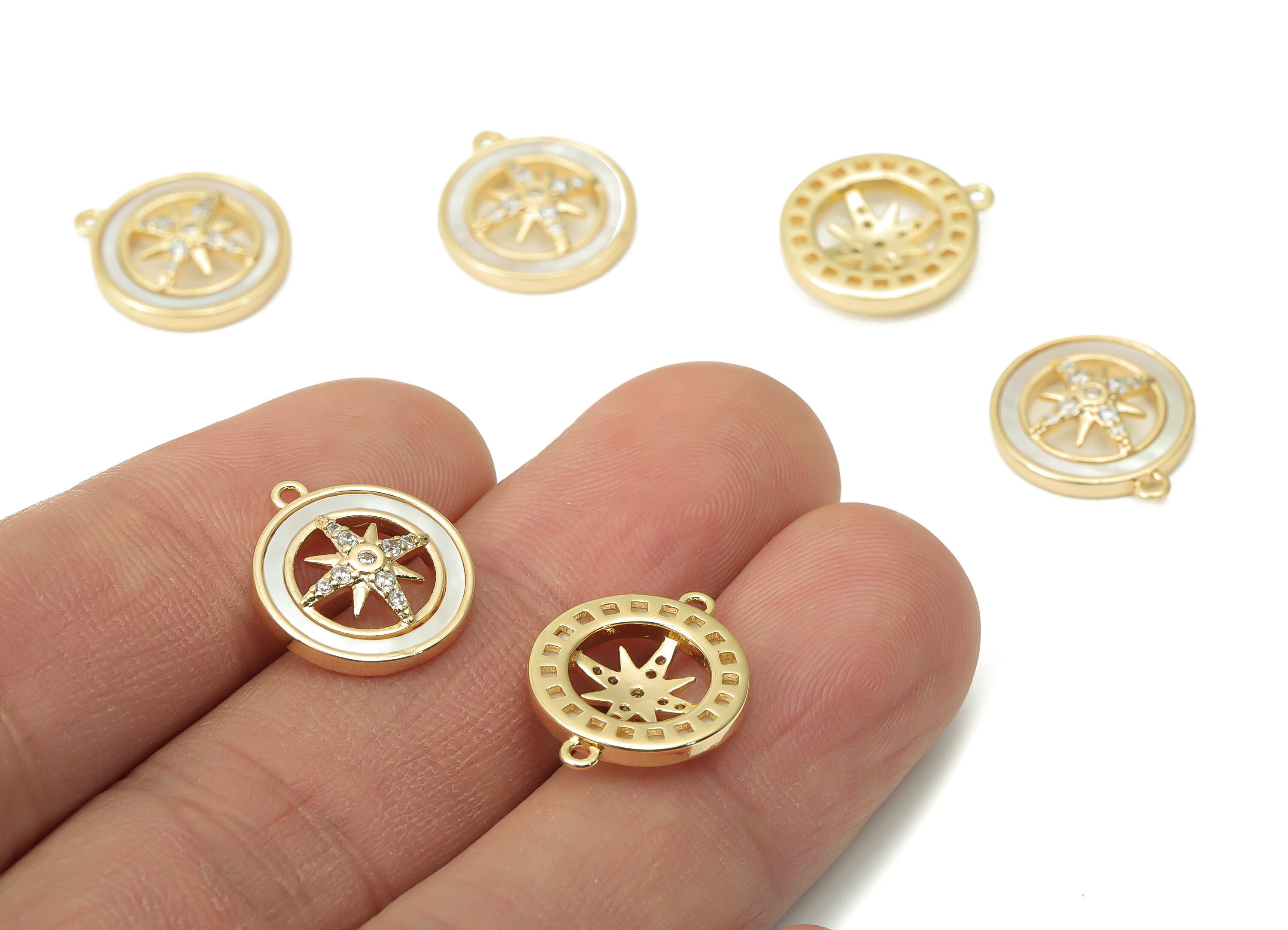 Brass Round Compass Earring Charms with Zincons - Shell Plant Star Circle Pendant - 18K Real Gold Plated - 15.6x13.72x3.18mm - RGP4374 - DOMEDBAZAAR
