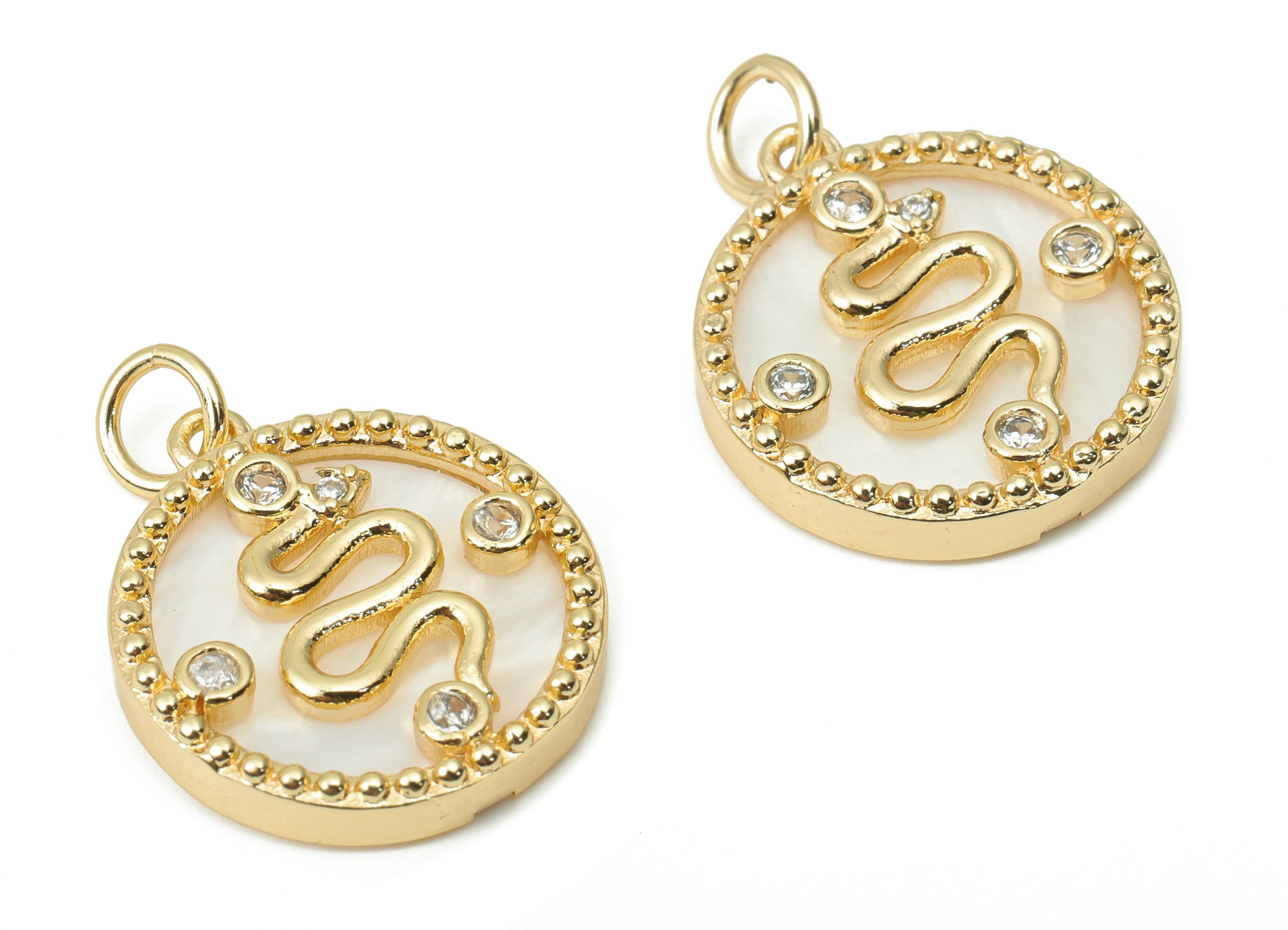 Brass Round Snake Earring Charms with Zincons - Shell Snake Beads Circle Pendant - 18K Real Gold Plated - 17.9x15.92x3.05mm - RGP4363 - DOMEDBAZAAR