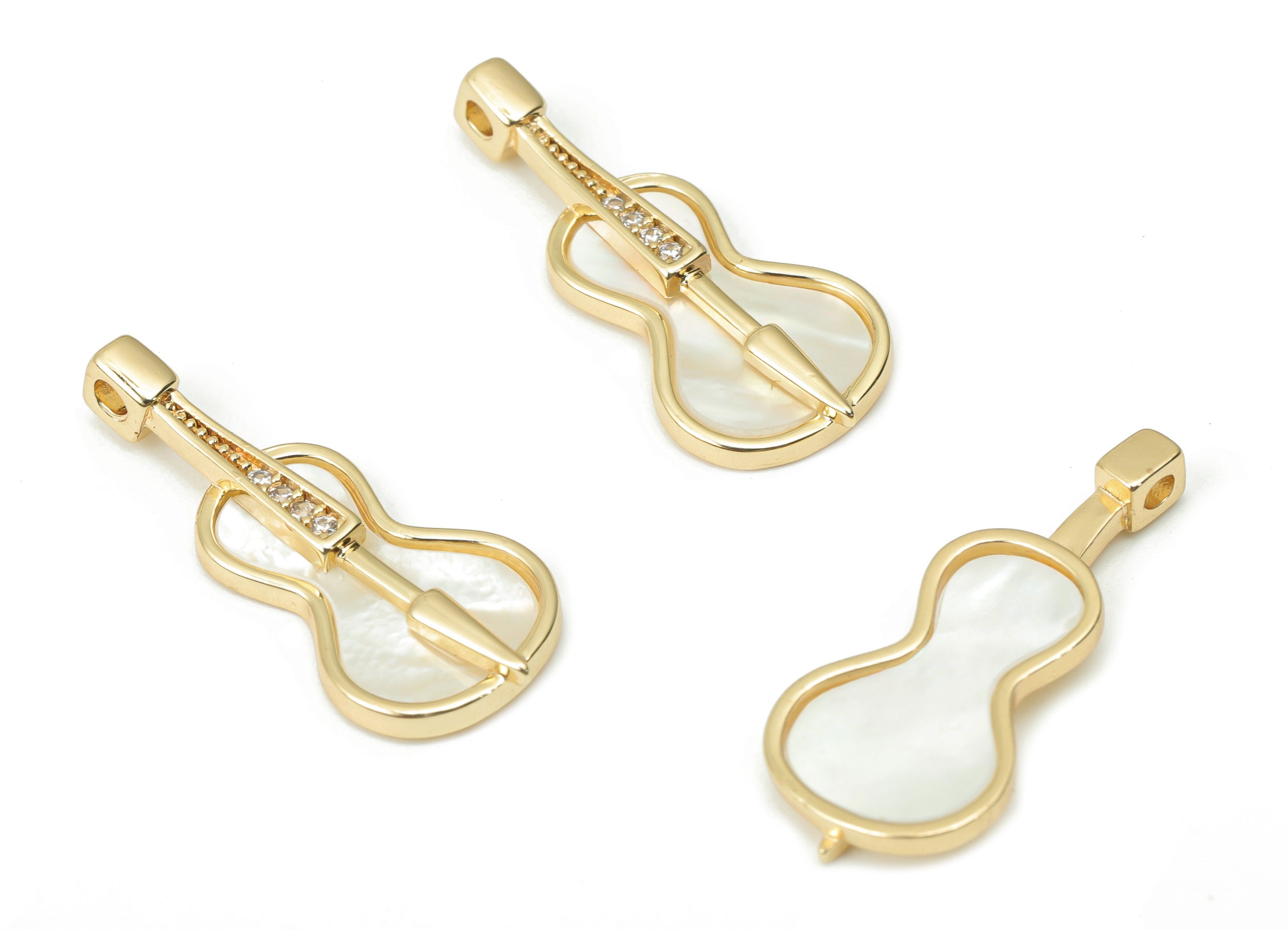 Brass Violin Arrow Earring Charms with Zincons - Shell Cello Arrow Pendant - 18K Real Gold Plated - Jewelry Making - 22.3x9.9x2.4mm- RGP4365 - DOMEDBAZAAR