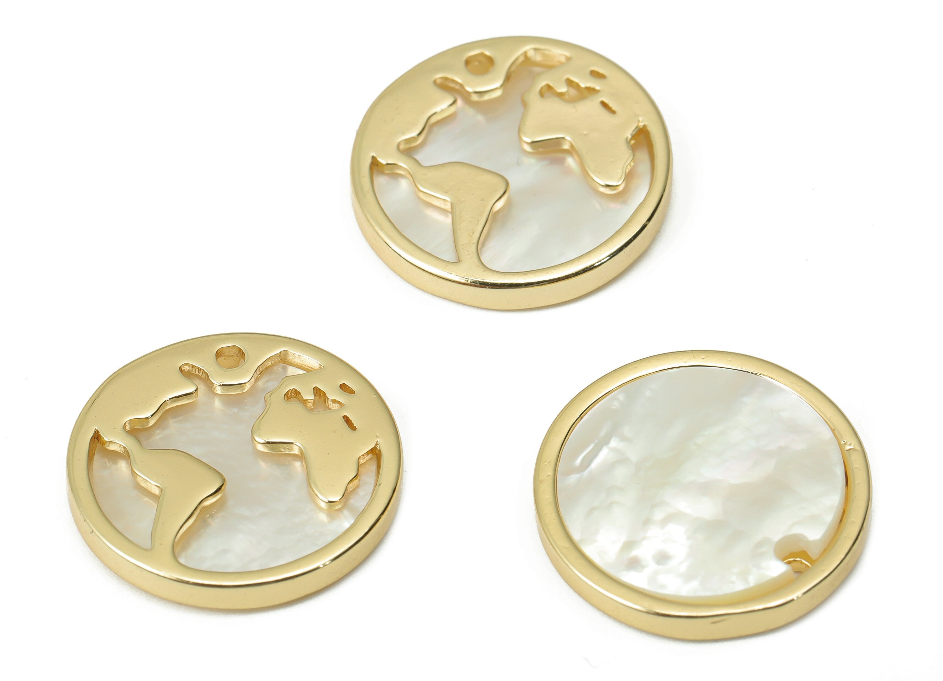 Brass Round World Map Charms - Shell World Map Circle Pendant - 18K Real Gold Plated Brass - Jewelry Supplies - 15.28x15.28x2.06mm - RGP4378 - DOMEDBAZAAR