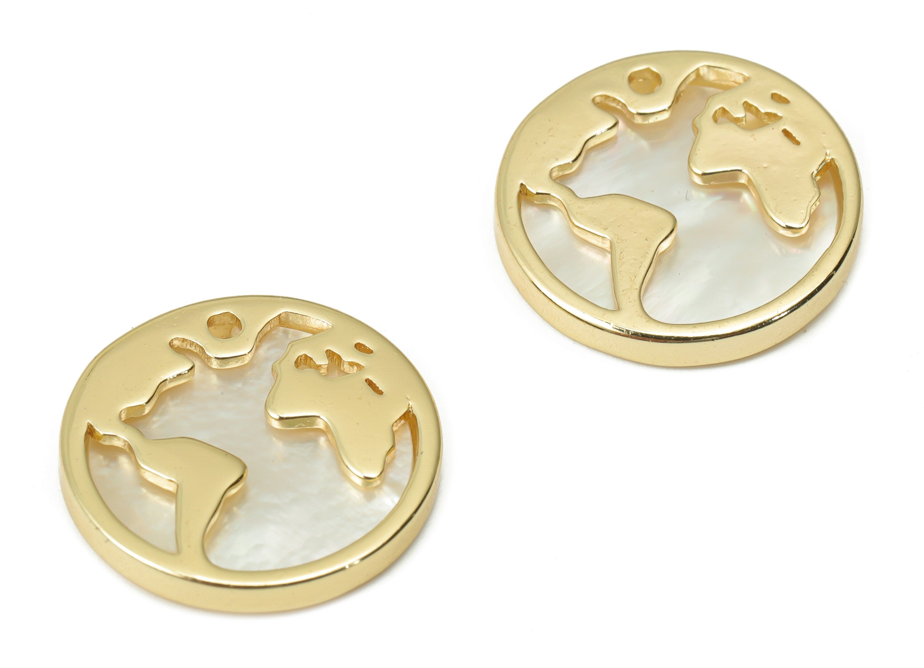 Brass Round World Map Charms - Shell World Map Circle Pendant - 18K Real Gold Plated Brass - Jewelry Supplies - 15.28x15.28x2.06mm - RGP4378 - DOMEDBAZAAR