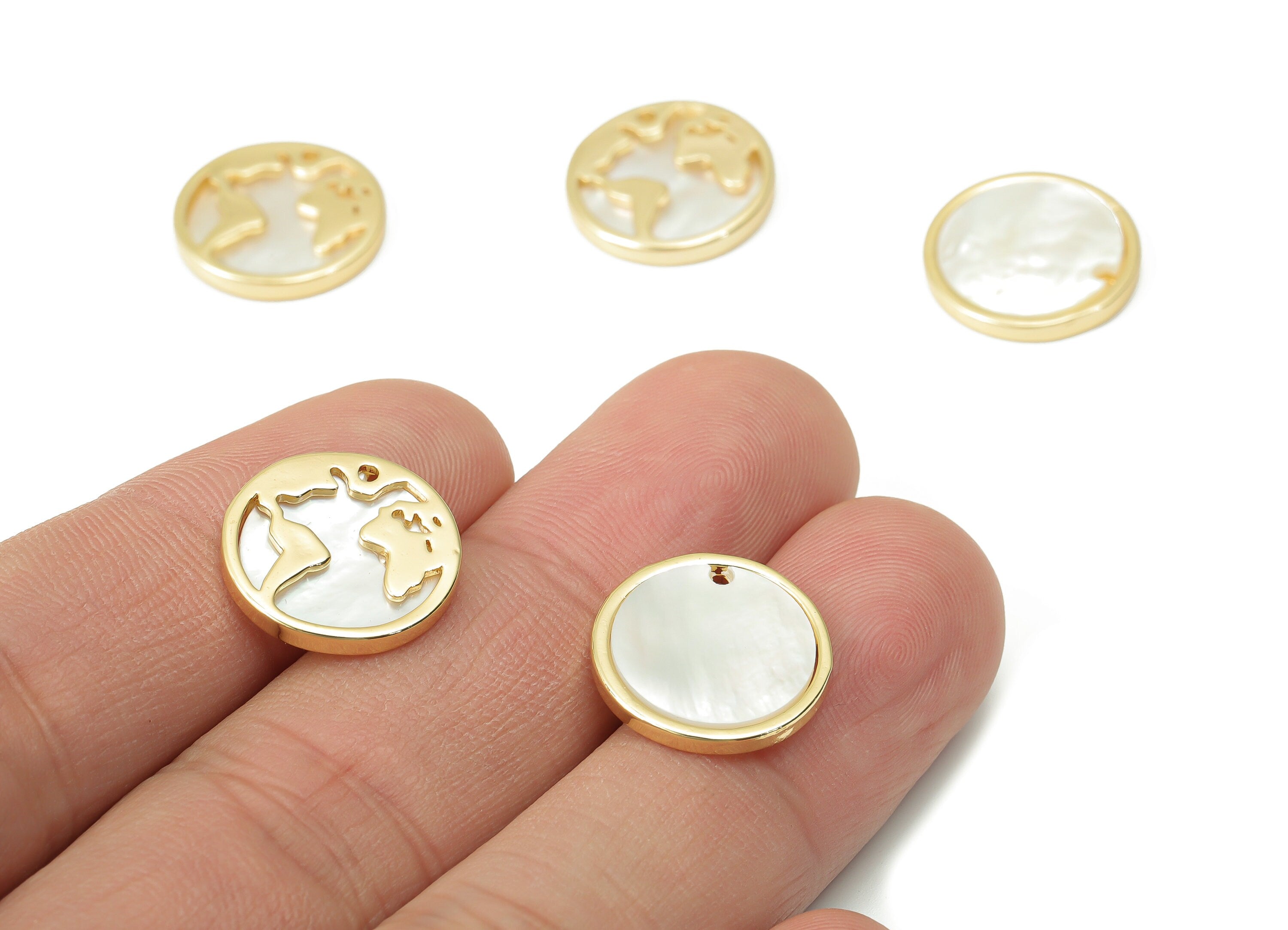 Brass Round World Map Charms - Shell World Map Circle Pendant - 18K Real Gold Plated Brass - Jewelry Supplies - 15.28x15.28x2.06mm - RGP4378 - DOMEDBAZAAR