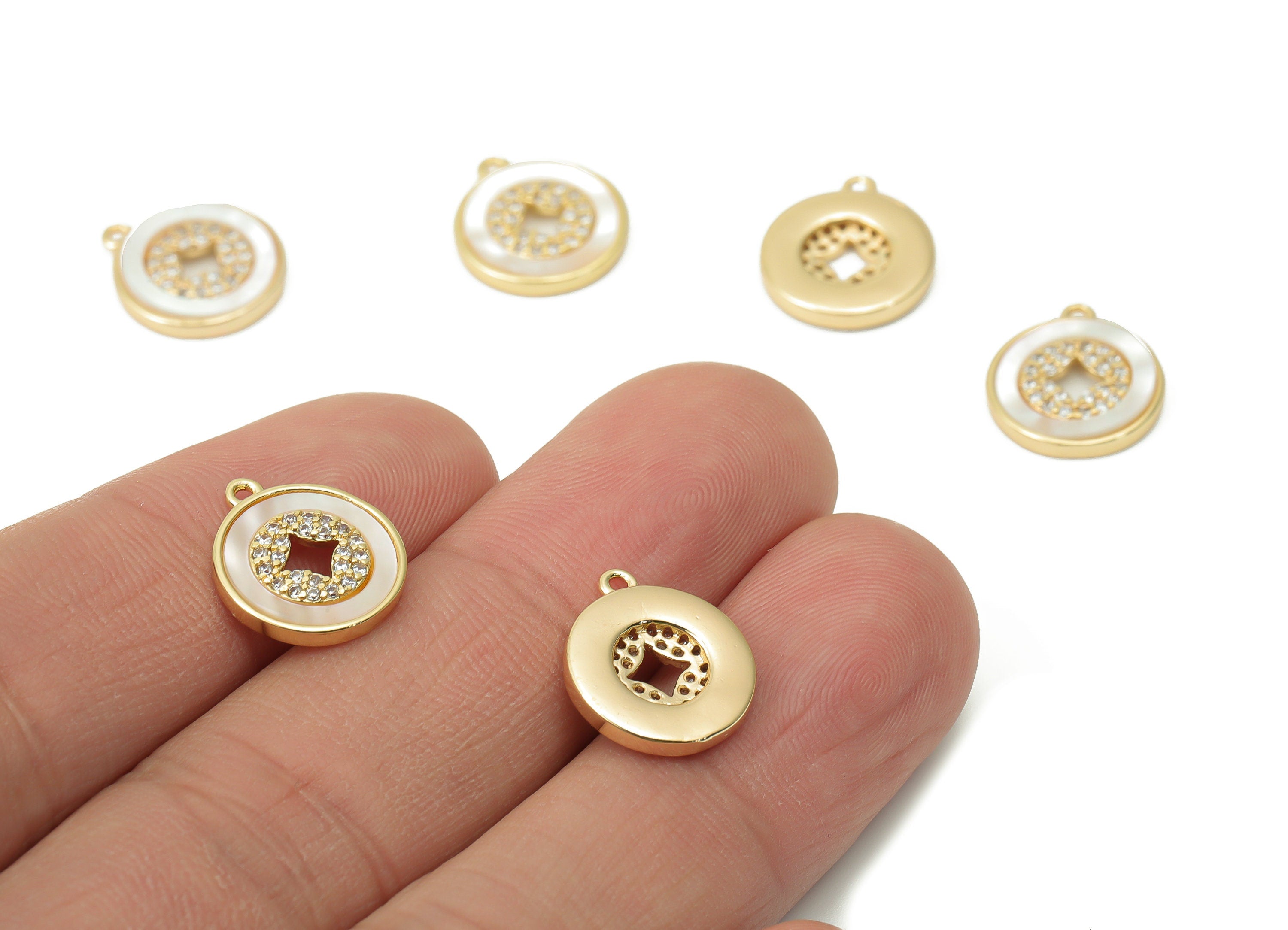 Brass Round Rhombus Charms with Zincons - Shell Copper Coins Pendant - 18K Real Gold Plated - Jewelry Making - 14x12.24x2.15mm - RGP4372 - DOMEDBAZAAR