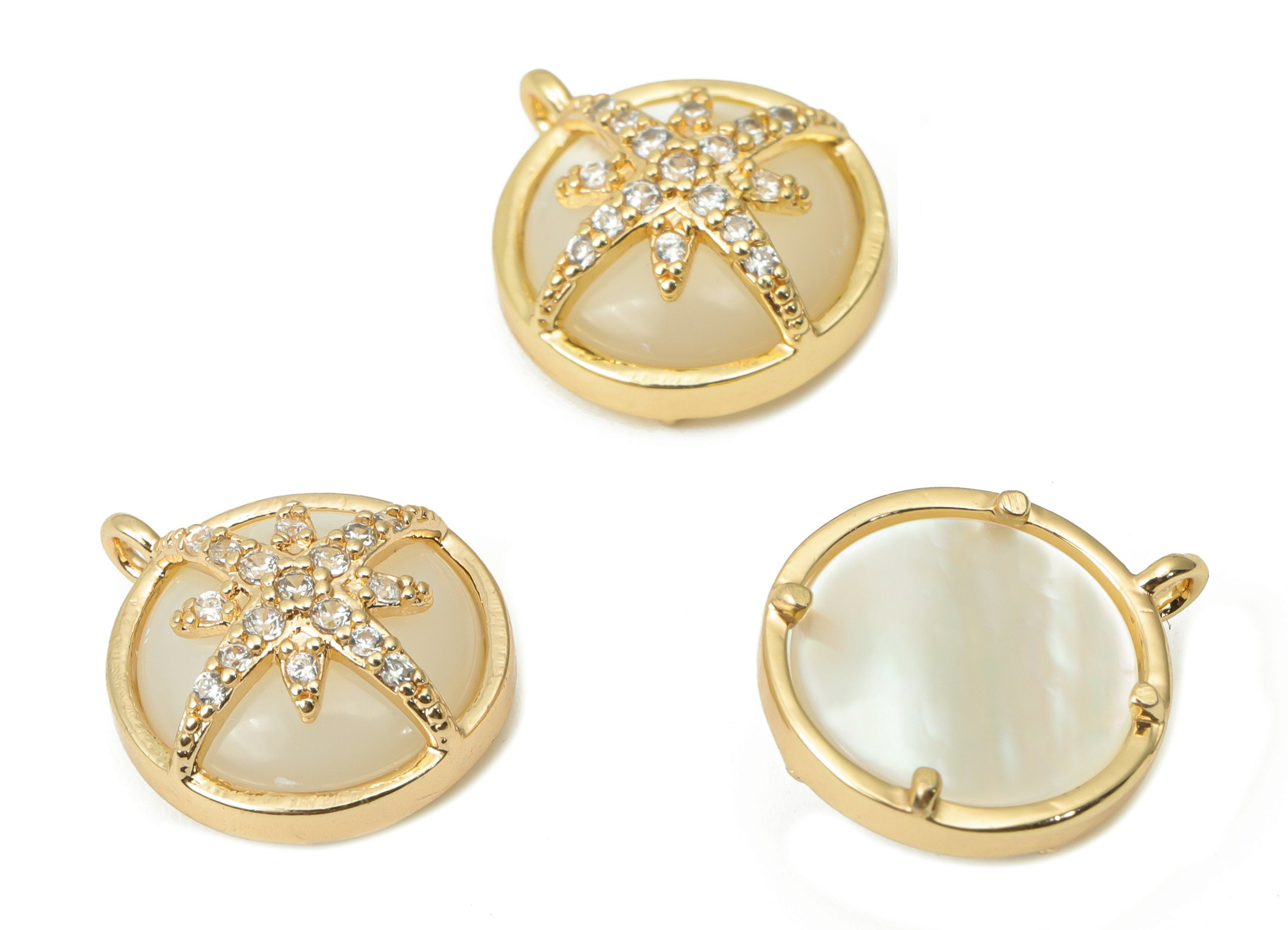 Brass Round Compass Earring Charms with Zincons - Shell Plant Star Circle Pendant - 18K Real Gold Plated - 13.79x11.5x5.14mm - RGP4368 - DOMEDBAZAAR