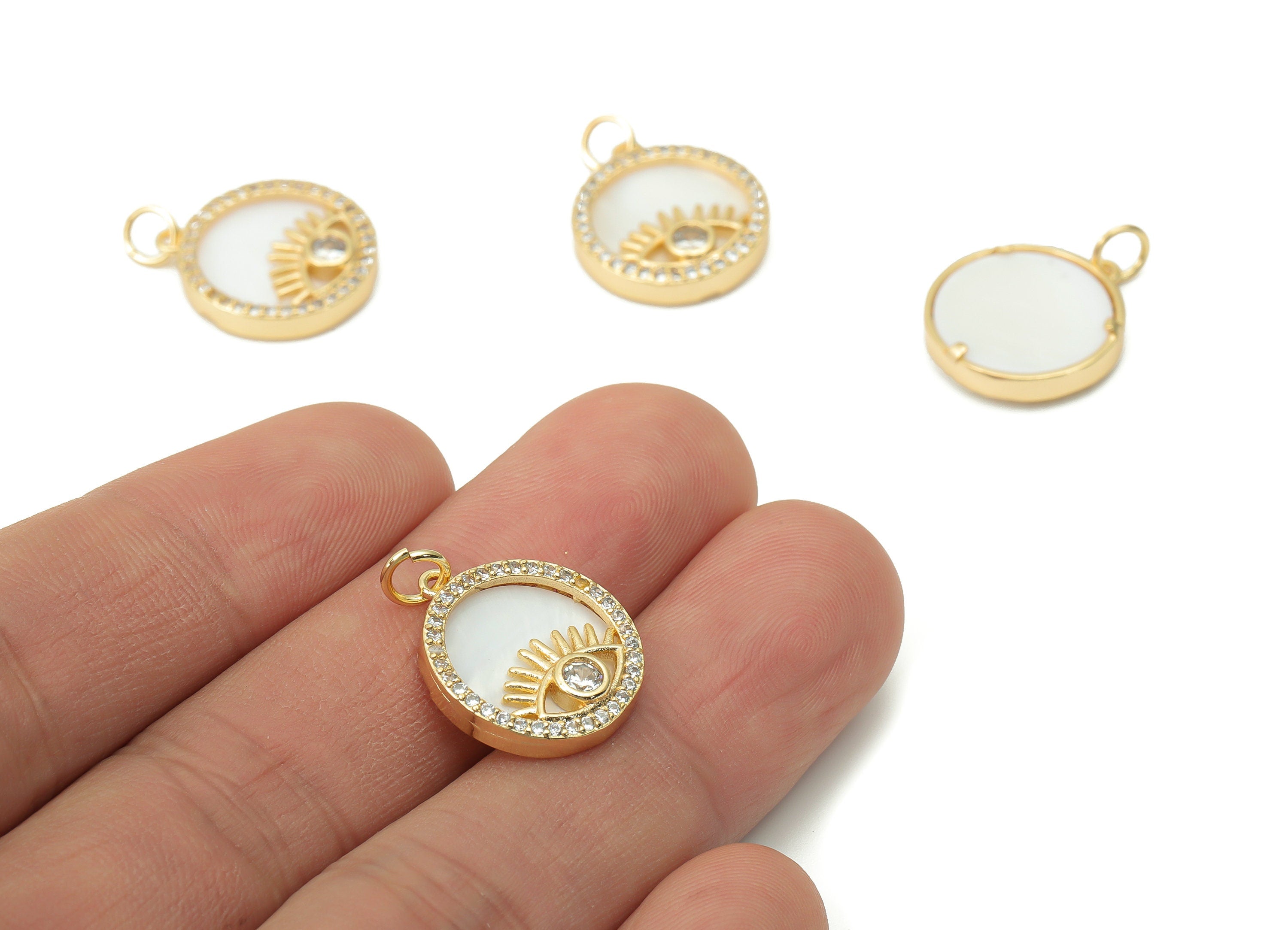 Brass Round Eye Earring Charms with Zincons - Shell Eyelash Circle Pendant - 18K Real Gold Plated - Jewelry Making - 18x15.7x2.9mm - RGP4386 - DOMEDBAZAAR