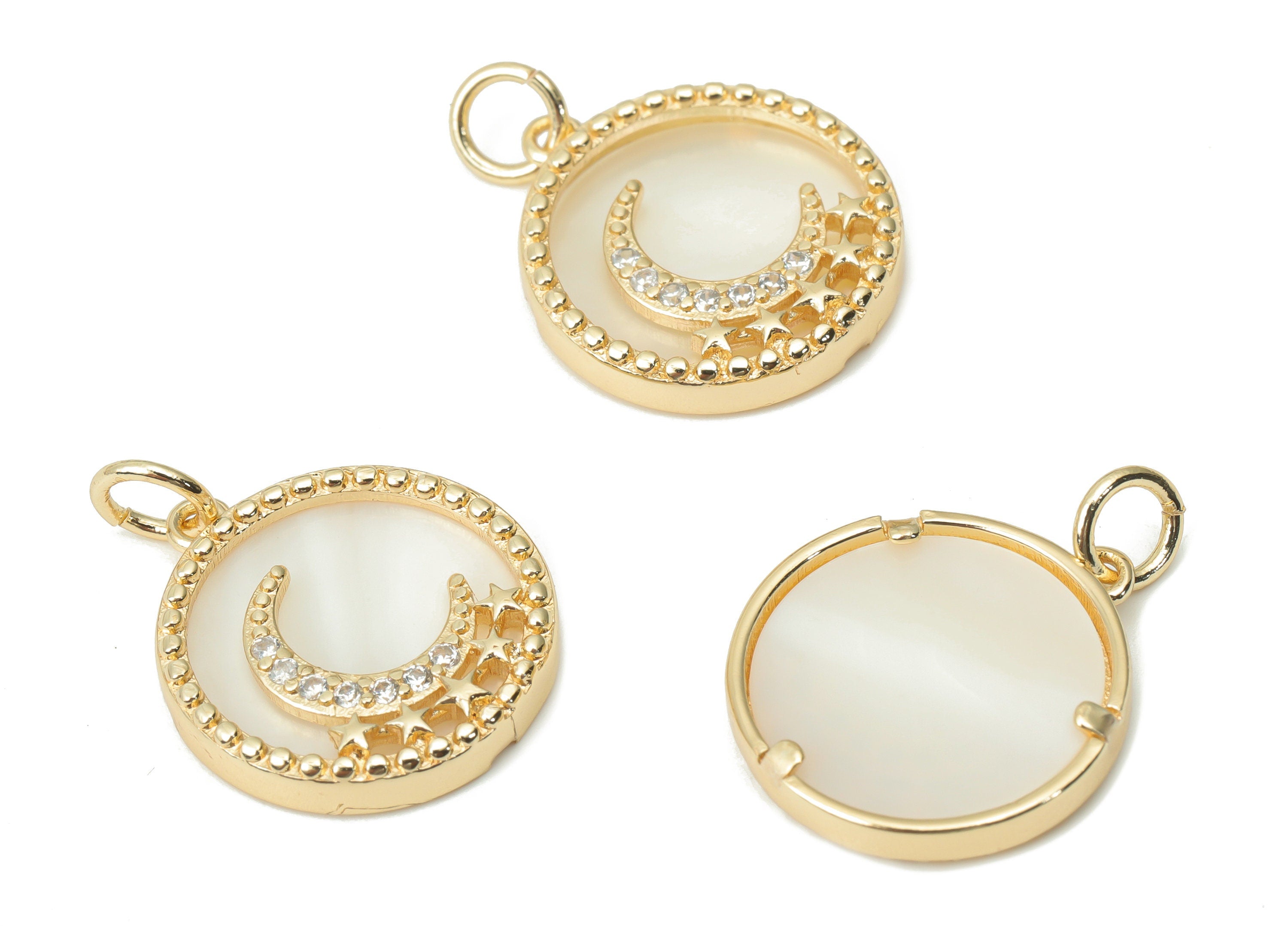 Brass Round Crescent Charms with Zircons - Shell Star Moon Beads Pendant - 18K Real Gold Plated Brass - 17.73x15.79x2.92mm - RGP4366 - DOMEDBAZAAR