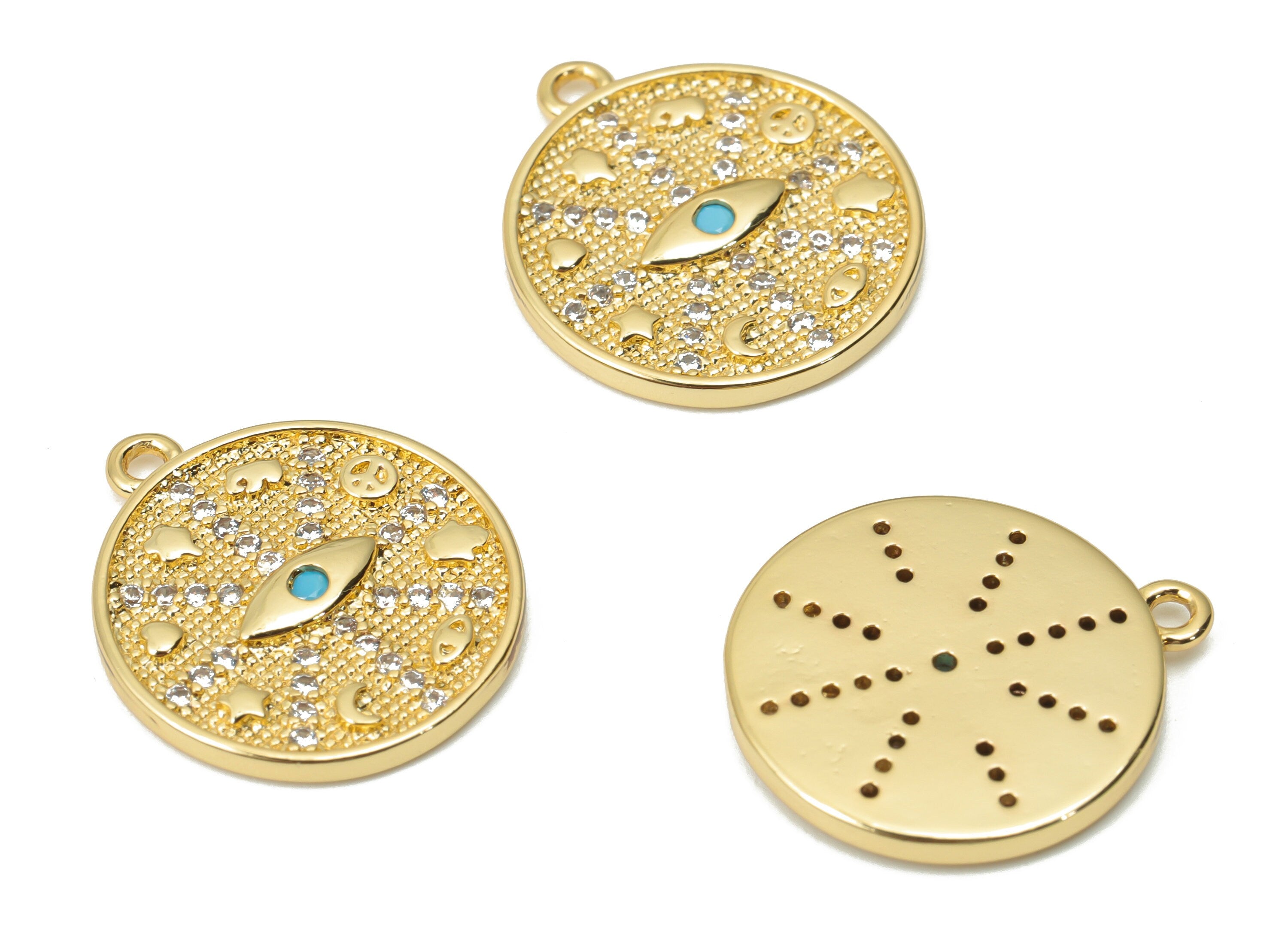 Brass Round Eye Earring Charms with Zincons - Gold Evil Eye Pendant - 18K Real Gold Plated - Jewelry Making - 17x14.96x1.54mm - RGP4359 - DOMEDBAZAAR