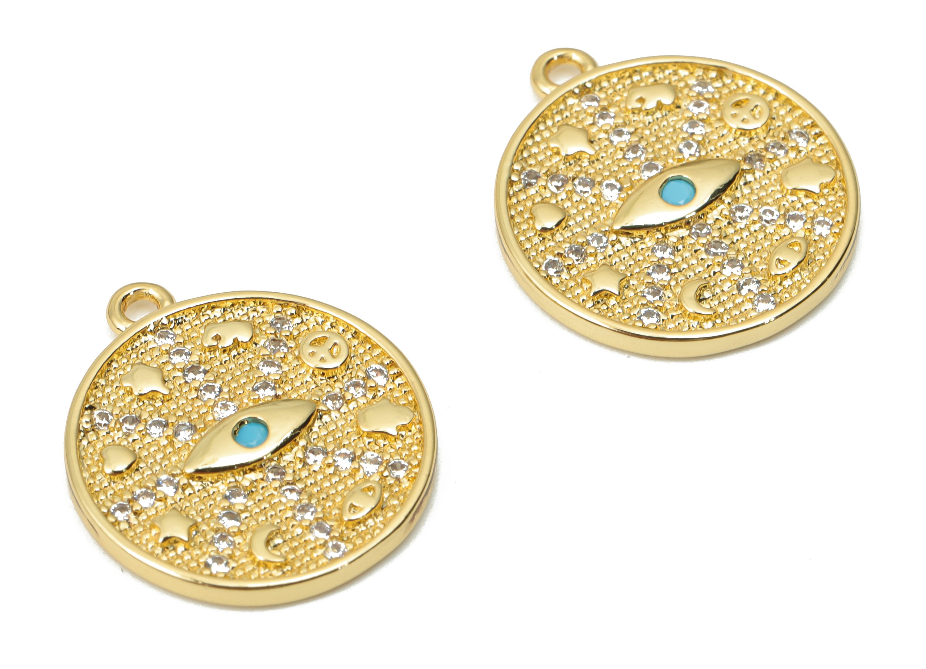 Brass Round Eye Earring Charms with Zincons - Gold Evil Eye Pendant - 18K Real Gold Plated - Jewelry Making - 17x14.96x1.54mm - RGP4359 - DOMEDBAZAAR