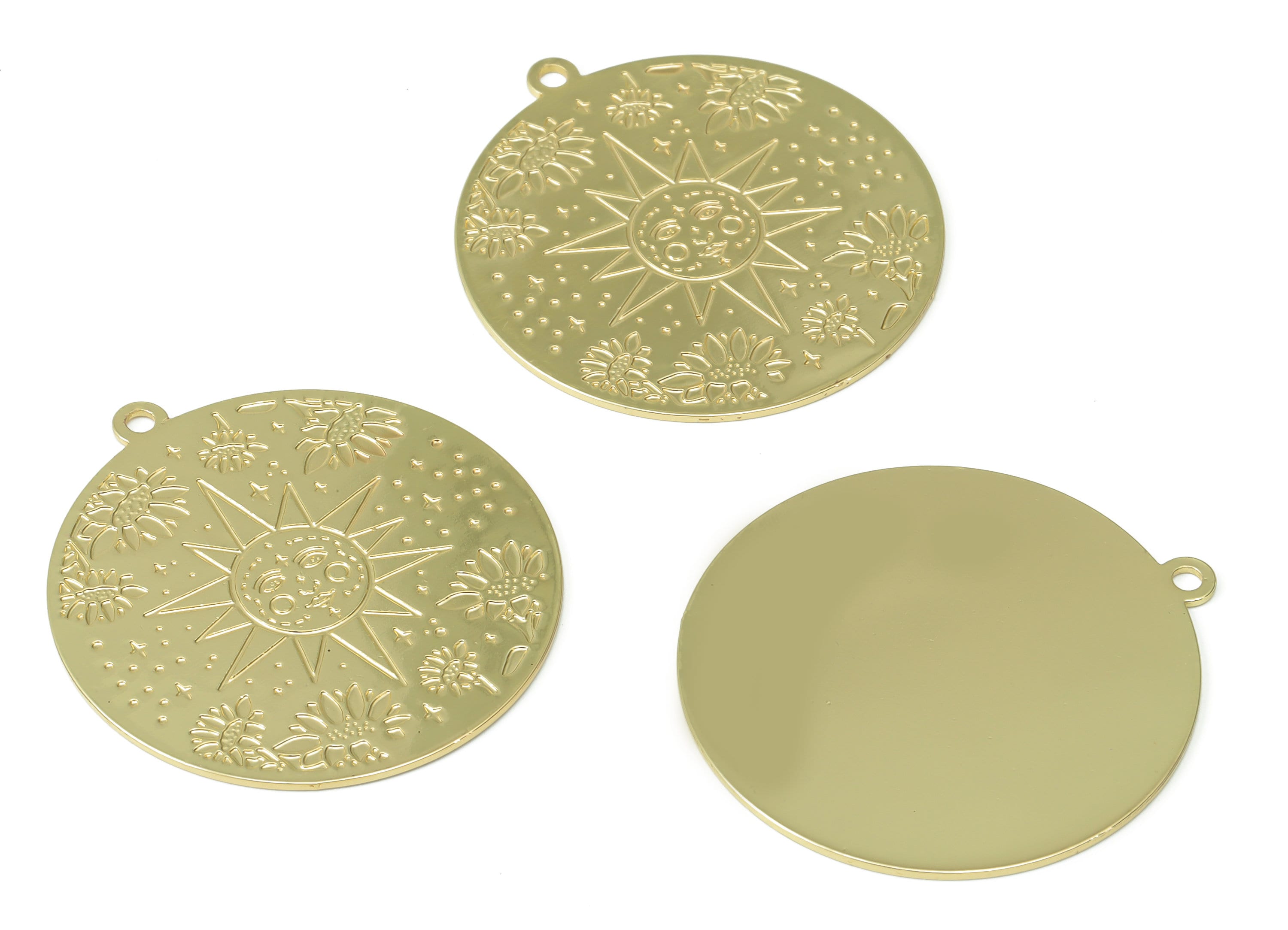 Brass Engraved Round Sun face Plant Lotus Earring Charms - Raw Brass Flower Star Pendant - Gold Tone Plated Brass - 37.94x35x0.7mm - PP5278G - DOMEDBAZAAR