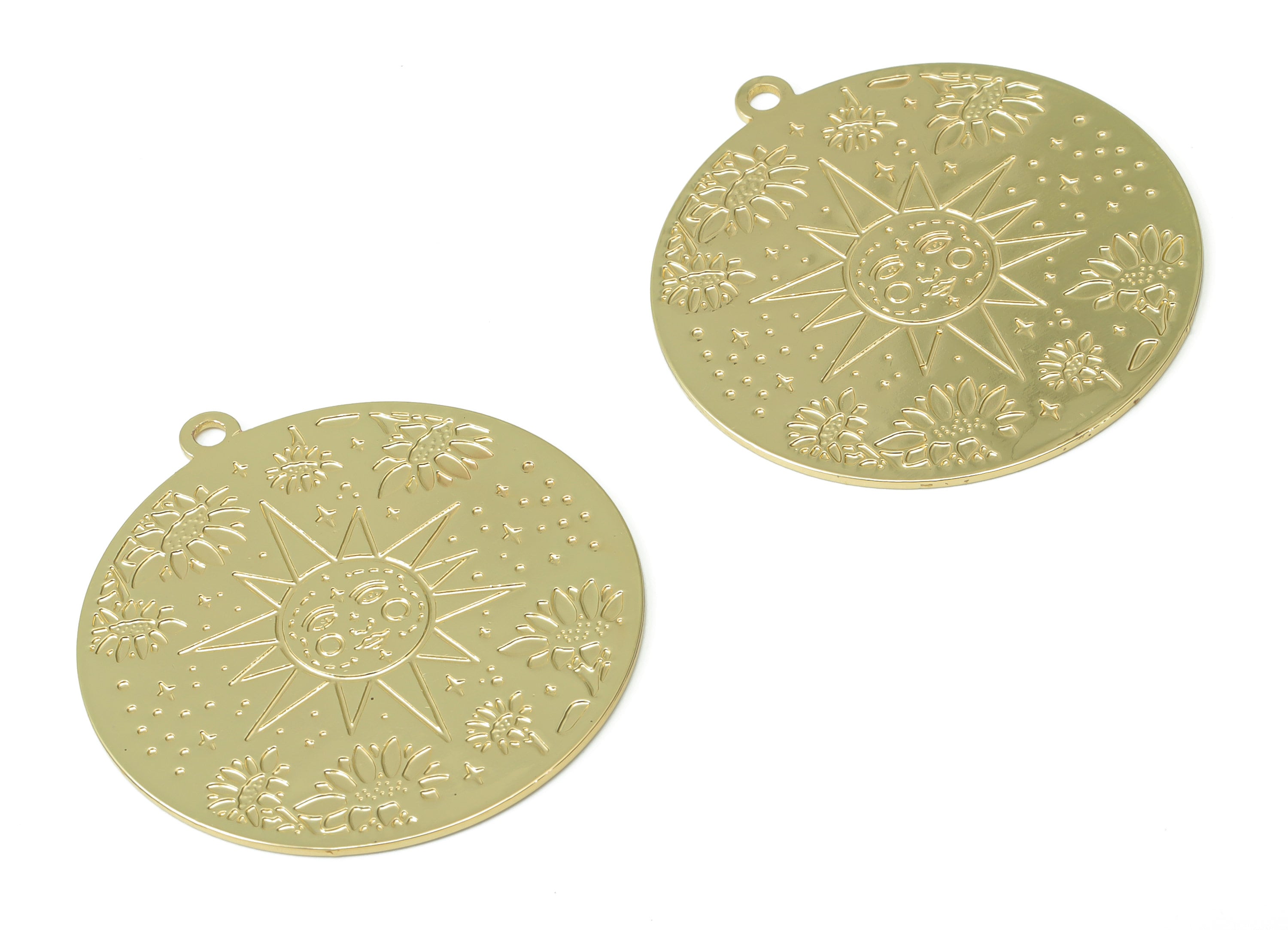 Brass Engraved Round Sun face Plant Lotus Earring Charms - Raw Brass Flower Star Pendant - Gold Tone Plated Brass - 37.94x35x0.7mm - PP5278G - DOMEDBAZAAR